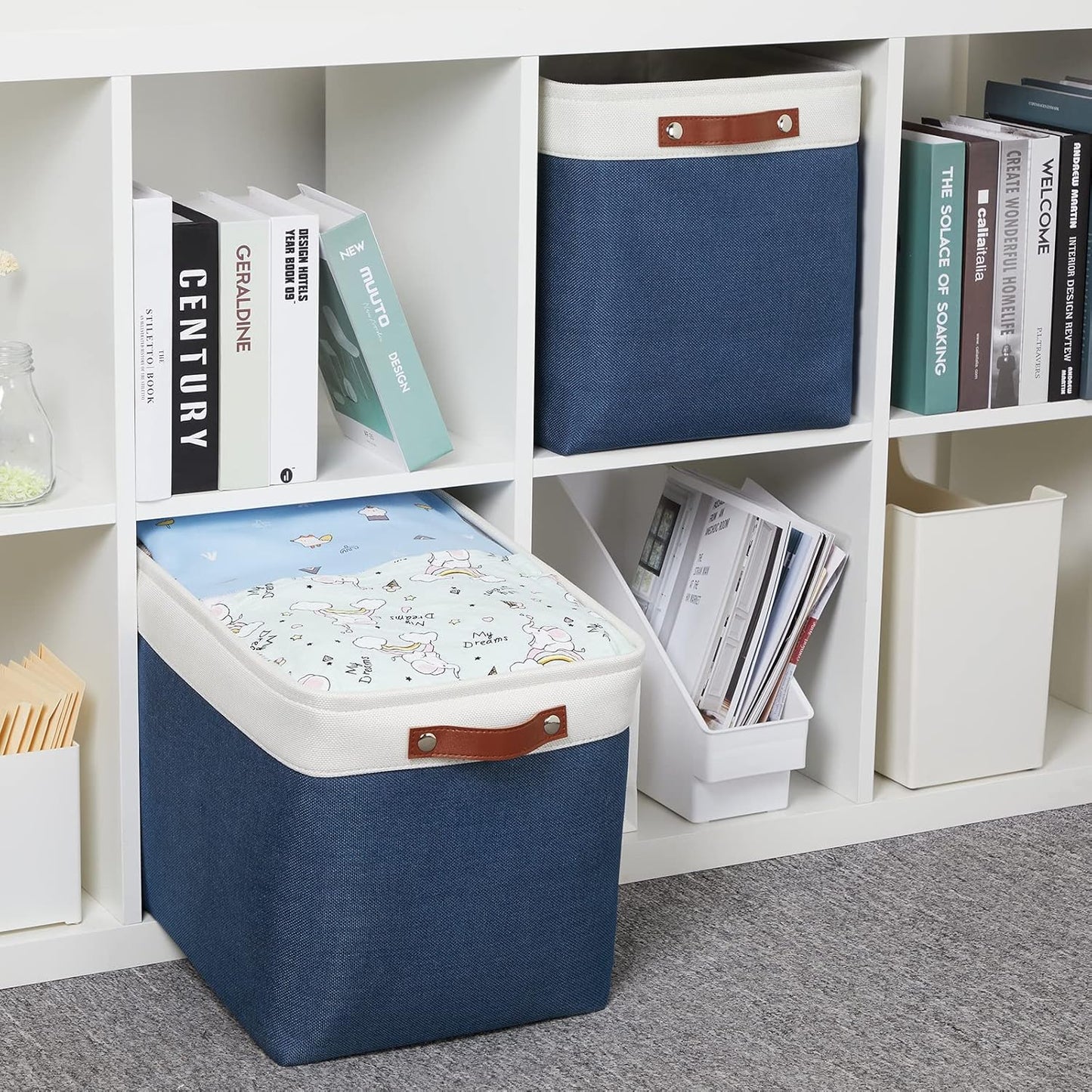 HNIZGE Large Rectangle Basket Fabric Baskets for Organizing [2 Pack] Tall Storage Basket Navy Blue Baskets 16" x 11.8" x 11.8" Shelf Baskets for Storage Linen Closet Organizers (Blue&White)