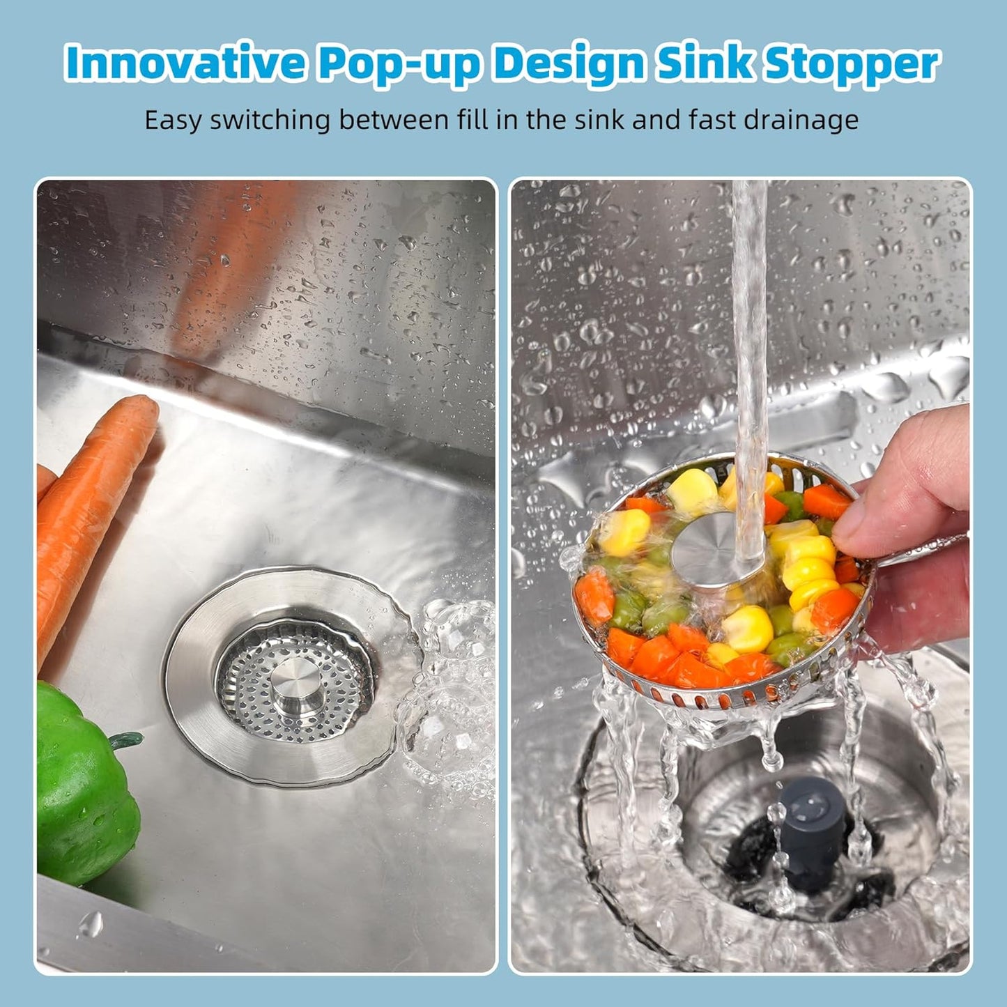 Hibbent All Metal Stainless Steel 3 in 1 Kitchen Sink Drain Strainer, Upgraded Anti-Rust Sink Stop Combo, 3 Anti-Clogging Stainless Steel Baskets with Metal Handle for US Standard 3-1/2" Drain