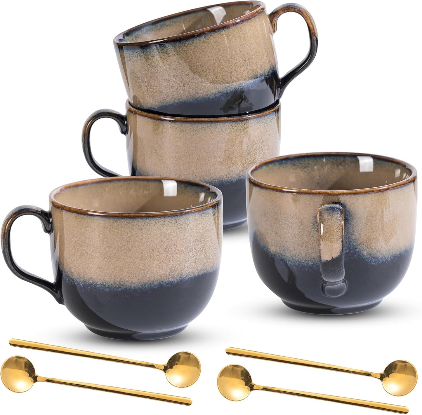 Ceramic Coffee Mug Set of 4 with Spoon, 15 oz Large Cups With Big Handle for Coffee Tea, Microwave Dishwasher Safe, Unique Gift for Men Women, Housewarming Wedding Gift(Brown)