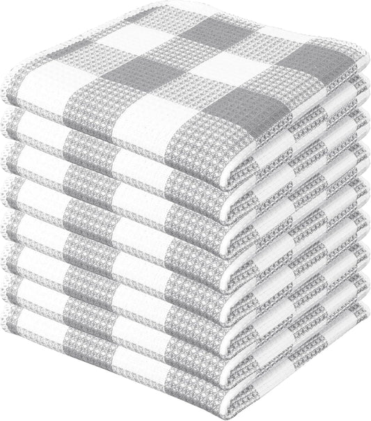 PurpleEssences Waffle Weave Plaid Dish Cloths, 100% Cotton - 12 x 12 Inches, Ultra Soft Absorbent Quick Drying Dish Towels Buffalo Check Dish Rags for Kitchen, 8 Pack - Spring Summer - Grey & White