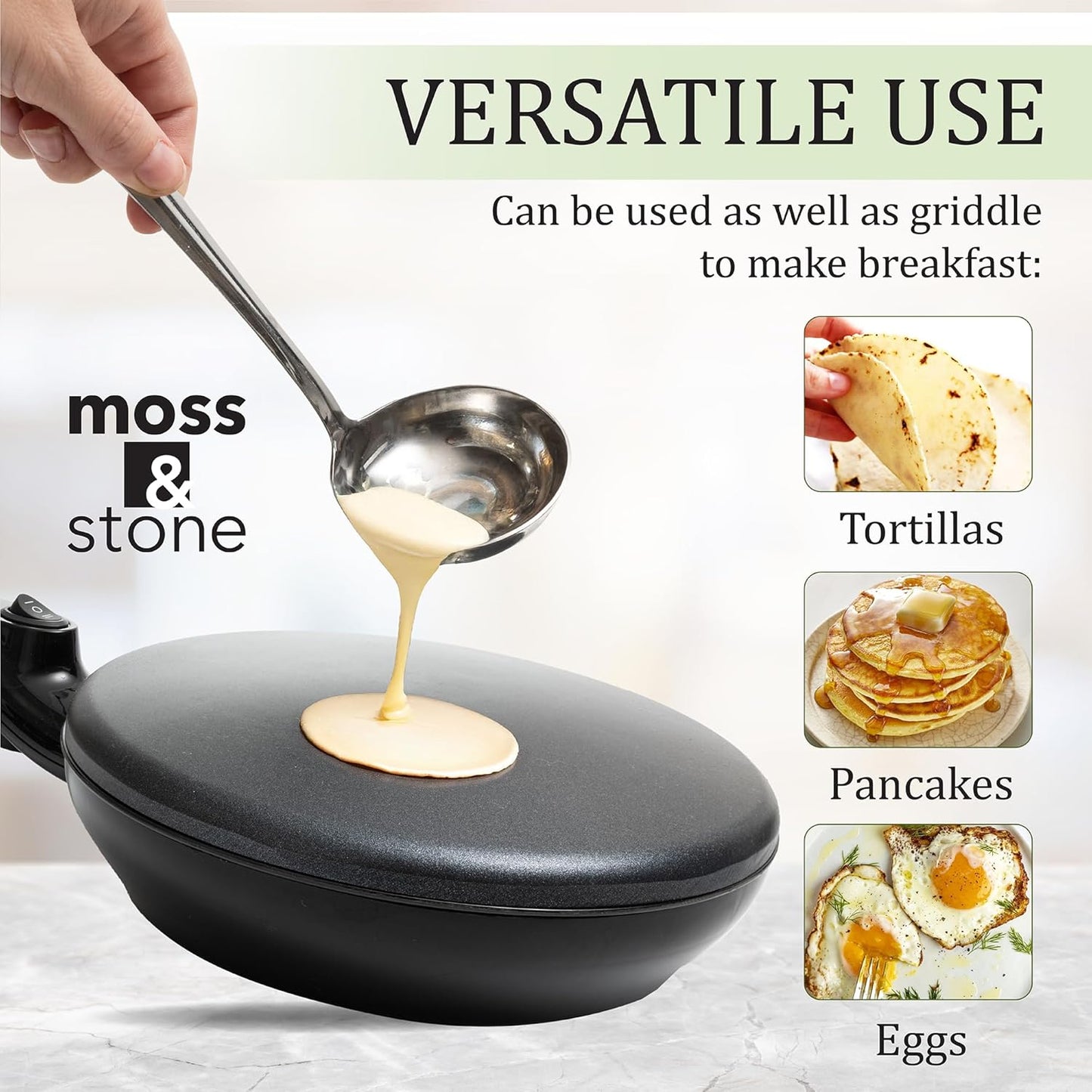 Moss & Stone Cordless Electric Crepe Maker With Auto Power Off, On/Off Switch & Dual Temperature Setting, 8 Inch Portable Crepe Maker & Non-Stick Dipping Plate, Nonstick Coating Pan Apo
