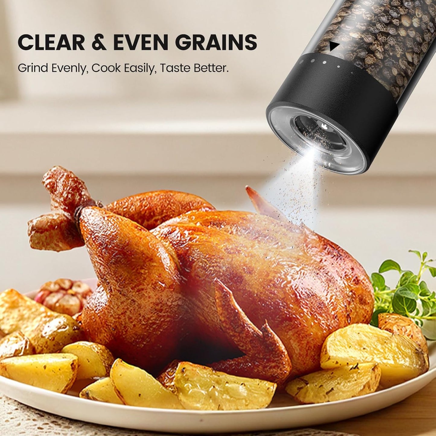 Electric Salt and Pepper Grinder Set - Rechargeable Automatic Salt and Pepper Shakers, Kitchen Appliances with External Adjustable Coarseness, Larger Hopper for Cooking, Home Gifts(2 Pack,Black/White)