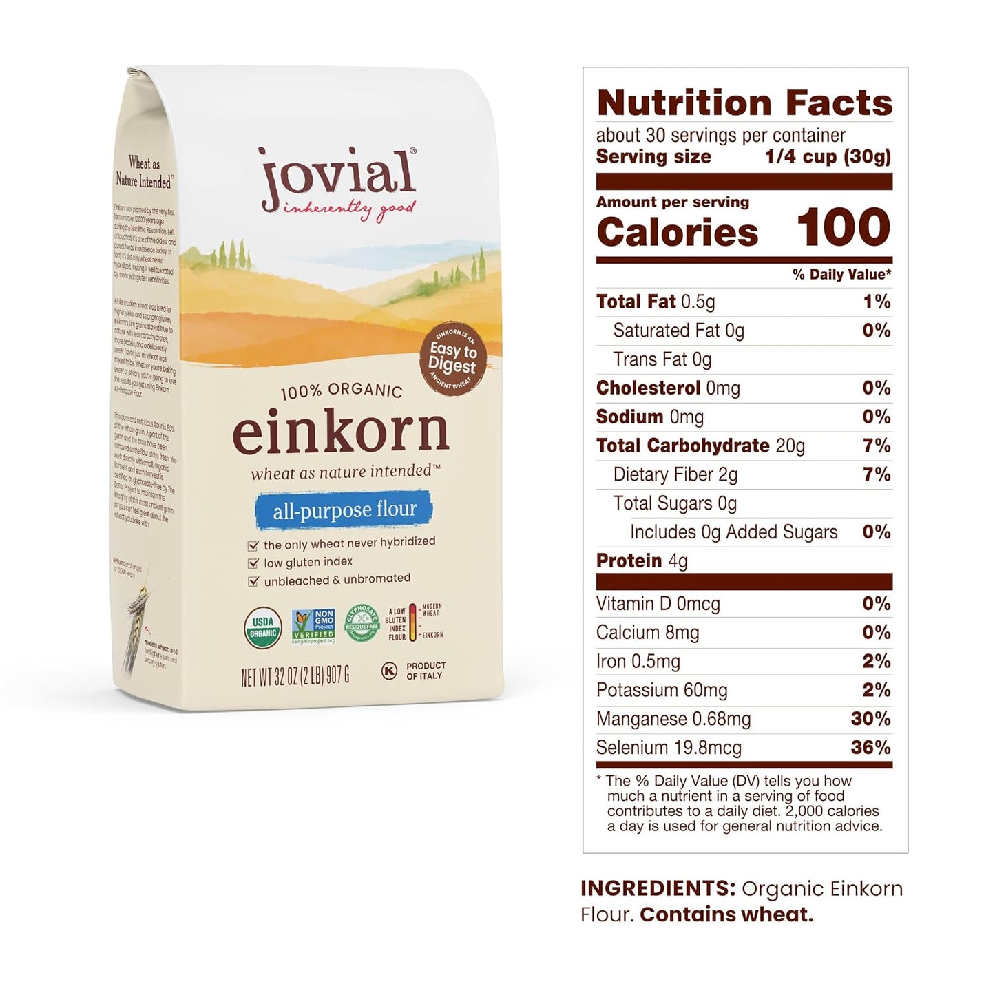 Jovial Organic Einkorn Unbleached All Purpose Flour - Bread Baking Flour for Sourdough, High Protein, Non-GMO, Organic Pizza & Pasta, European Italian, Glyphosate Free - 32 Oz