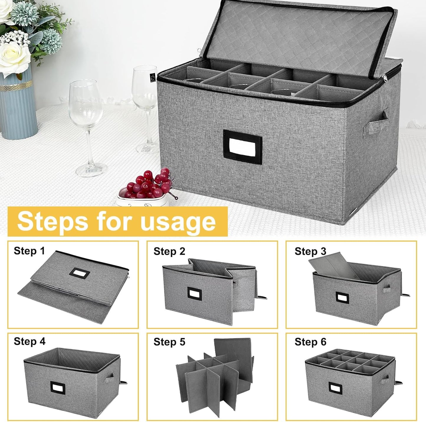 VERONLY Stemware Storage Cases,Quilted Wine glass Storage Boxes with Divider-China Storage Containers Hard Shell Holds 12 Wine Glass or Crystal Glassware Storage Containers, Stackable (Light Grey)