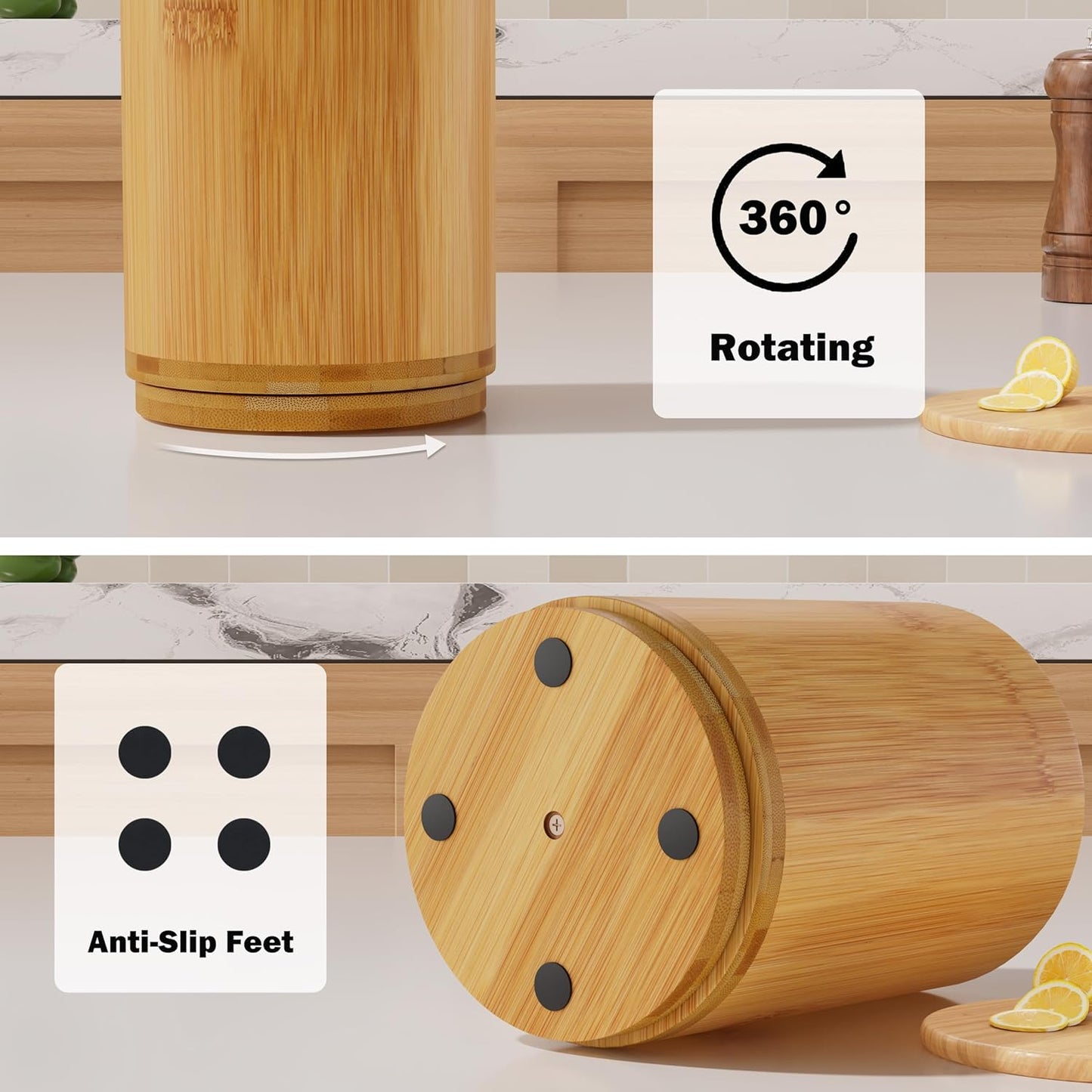 Bamboo Utensil Holder, Kitchen Utensil Holder for Countertop, 360°Rotating Cooking Utensil Crock for Kitchen Counter, 7.2" Large Utensil Organizer for Spatula