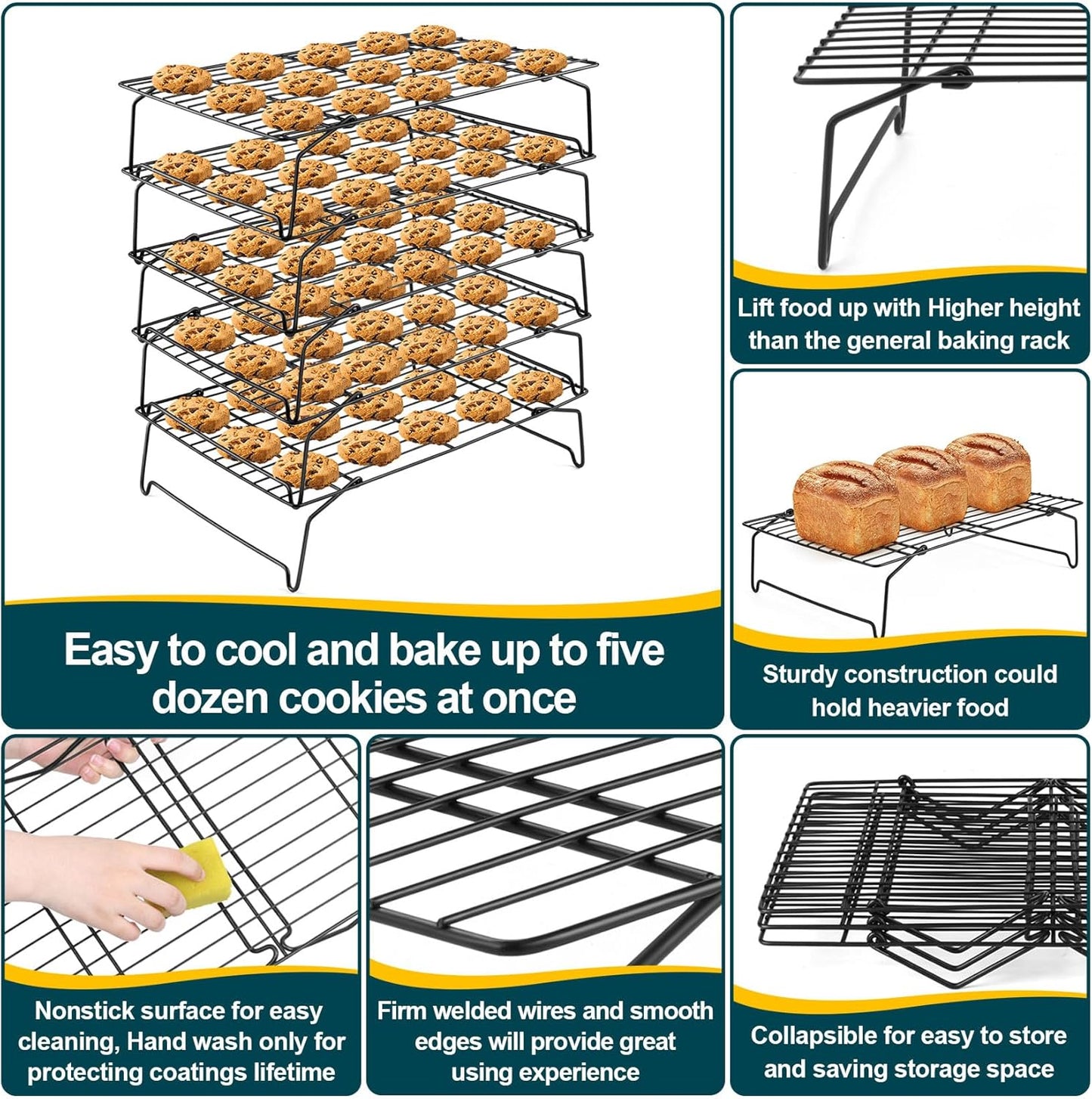P&P CHEF Cooling Rack, 5-Tier Stainless Steel Stackable Baking Cooking Racks for Cooling Roasting Grilling, Collapsible & Heavy Duty, Oven Safe & Easy Clean, 15" x 10", Black