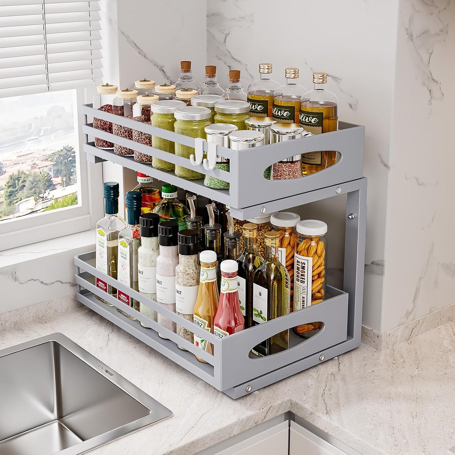 Under Sink Organizer, 2 Tier Under Sink Organizers and Storage, Adjustable Height, Slide Out Metal Cabinet Organizers, Pull Out Cabinet Storage Drawer Shelf for Kitchen Bathroom Gray, 1 Pack