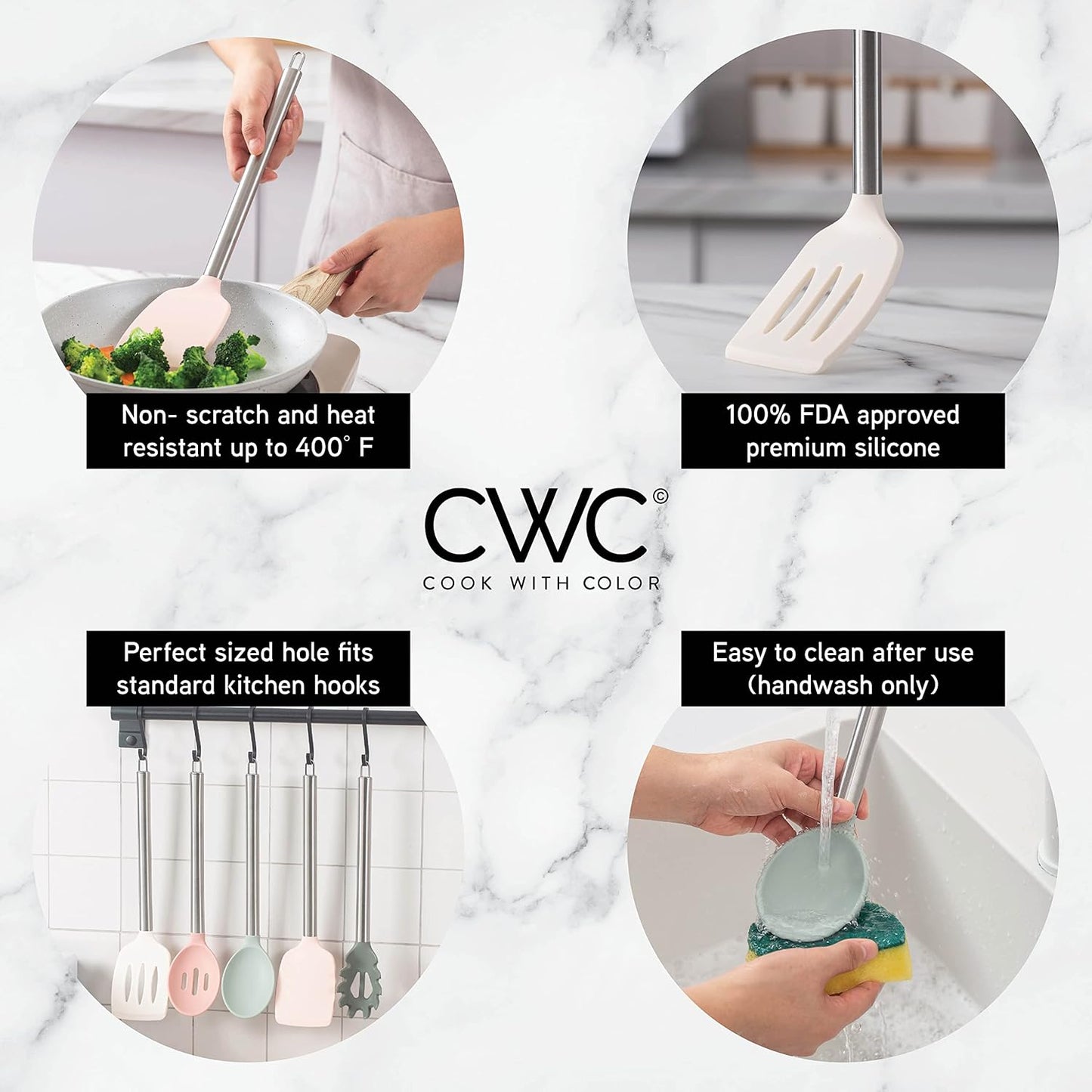 COOK WITH COLOR Silicone Cooking Utensils, Kitchen Utensil Set, Easy to Clean Silicone Kitchen Utensils, Cooking Utensils for Nonstick Cookware, Kitchen Gadgets Set, 5 Pieces, Mint