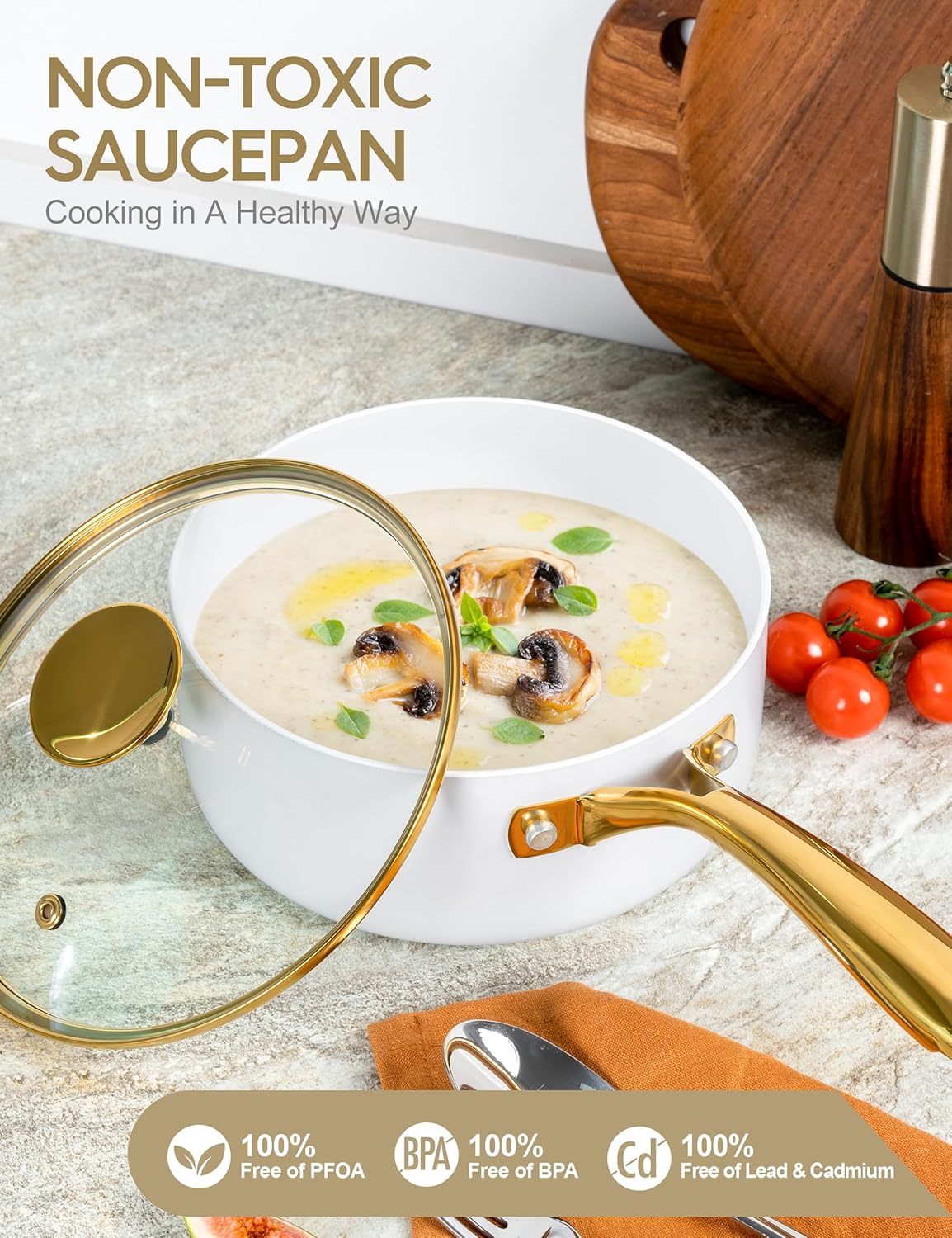 MICHELANGELO Sauce Pan with Lid, Nonstick Ceramic Saucepan Set-1Qt & 2Qt & 3Qt, Small Pots with Ergonomic Handle, Sauce Pans Sets Oven Safe, White