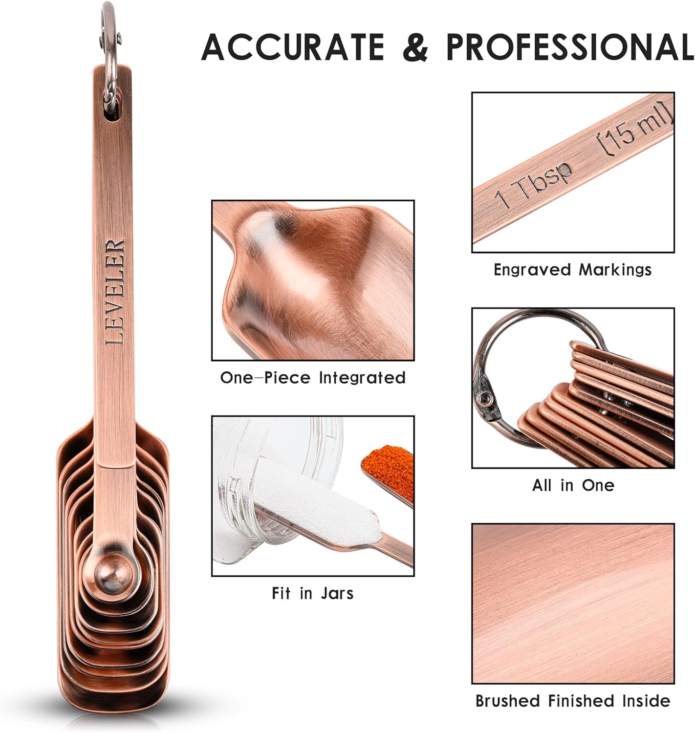 Copper Measuring Spoons Set, 10-Piece Stainless Steel Measuring Spoons Set with Leveler, Metric&US Metal Measuring Spoon -1/16, 1/8, 1/4, 1/3, 1/2, 3/4 Tsp, 2/3 Tbsp Long Spoons for Spice Jar