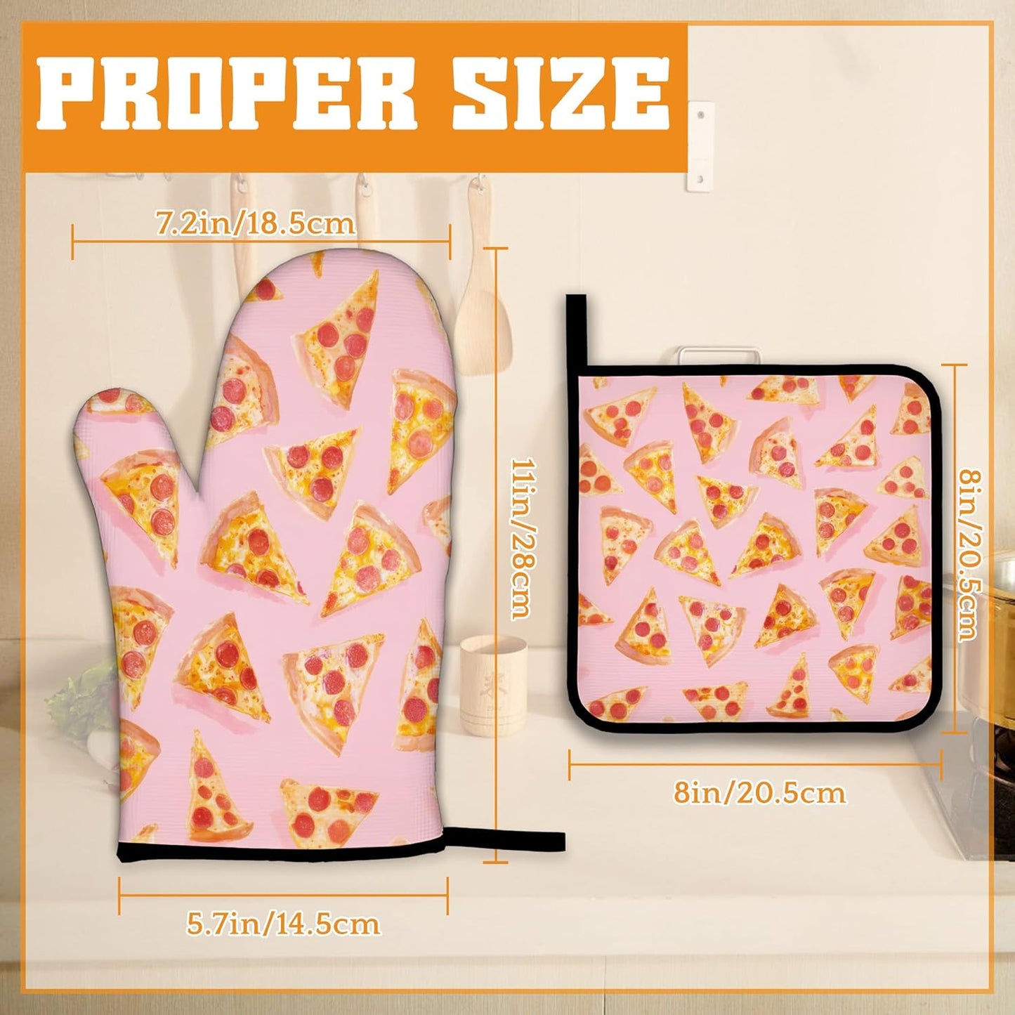 Cute Pizza Oven Mitts and Pot Holders,Heat Resistant Oven Mitts Gloves and Pot Holder for Home Kitchen Decorations Cooking Baking BBQ Gifts,Set of 4