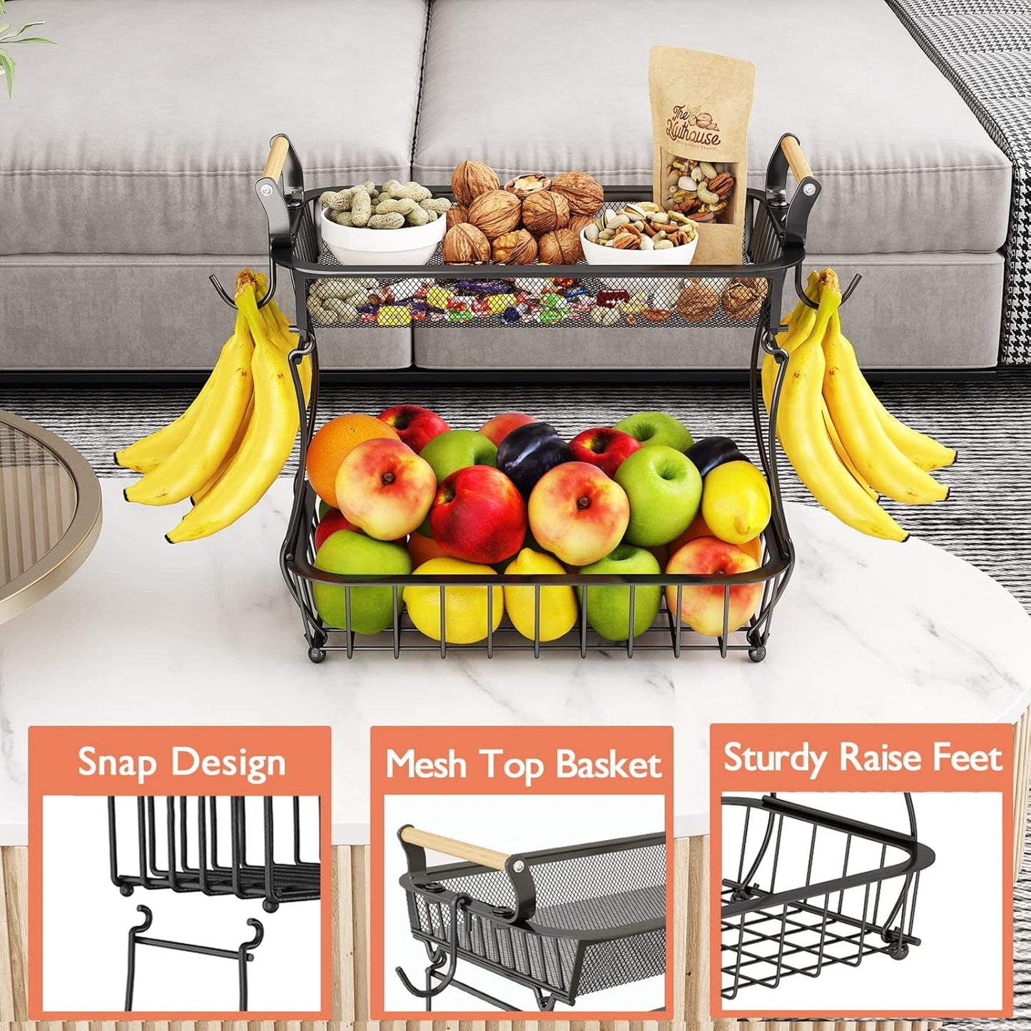 ANTOPY 2 Tier Fruit Basket with 2 Banana Hangers, Countertop Fruit Vegetable Basket Bowl for Kitchen Counter Metal Mesh Basket Fruits Stand Produce Holder Organizer for Onion Potato Bread Snack Veggie