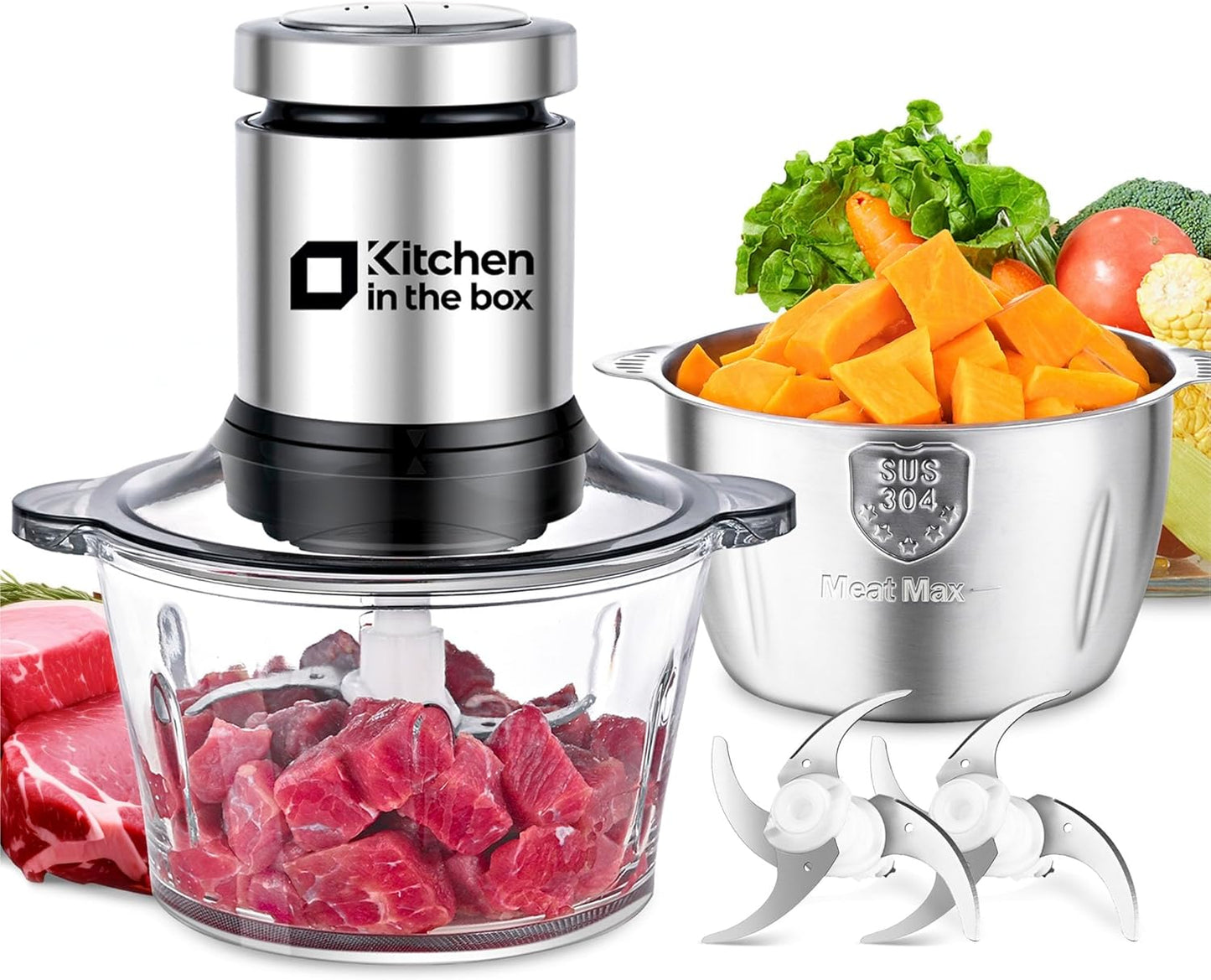 Kitchen in the box Food Processors with 400W All-Copper Motor,Small Meat Grinder & Food Chopper - Electric Vegetable Chopper with 2 8-Cups Bowls & 2 Bi-Level Blades for Meat/fish/Vegetable/Baby Food