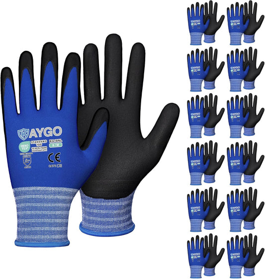 KAYGO Safety Work Gloves MicroFoam Nitrile Coated, 12 Pairs, KG18NB,Seamless Knit Nylon Glove with Black Micro-Foam Nitrile Grip,Ideal for General Purpose,Automotive,Home Improvement,Blue,M