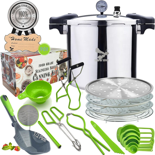 Supa Ant Pressure Canner 23 Qt with Canning Supplies Starter Kit - Canning Pressure Cooker with Gauge - Water Bath Canner Pot with Rack and Lid - Jar Lifter, XL Ladle, Jar Tongs, and Bubble Popper