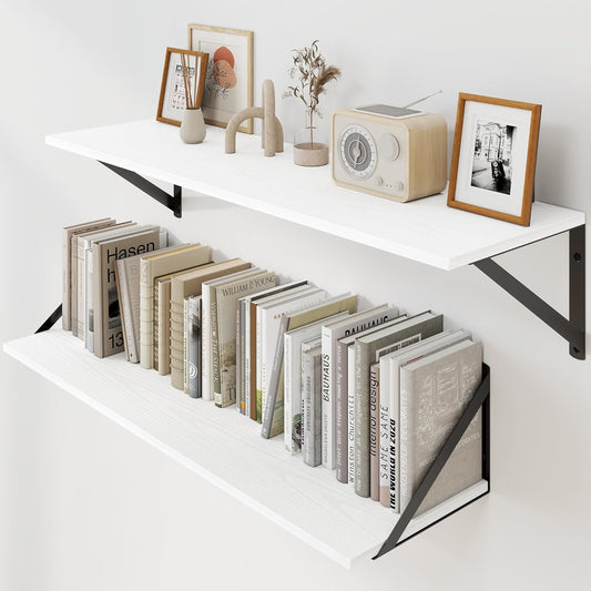 Heimlove White Deep Floating Shelves for Wall, 30W x 8D Wood Wall Shelves Set of 2, Wide Floating Bookshelf for Living Room, Kitchen, Office, Bedroom and Decor Storage, with Black Bracket - White