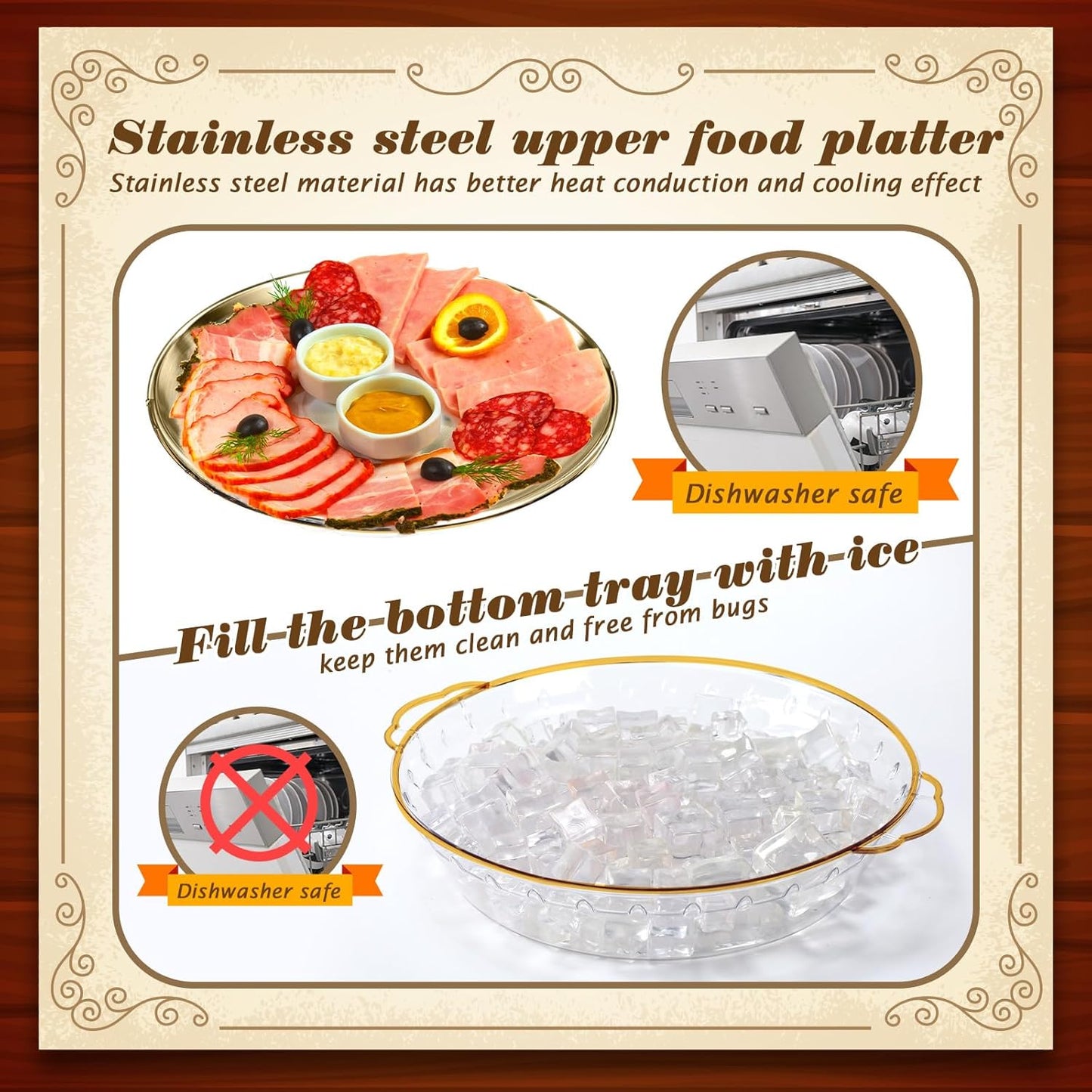 Baderke 3 Set 11.8" Chilled Serving Tray for Parties with Compartments Ice Chilled Party Platter Charcuterie Serving Board Cold Dish Dip for Fruit Seafood Vegetable Shrimp Cocktail (Gold)