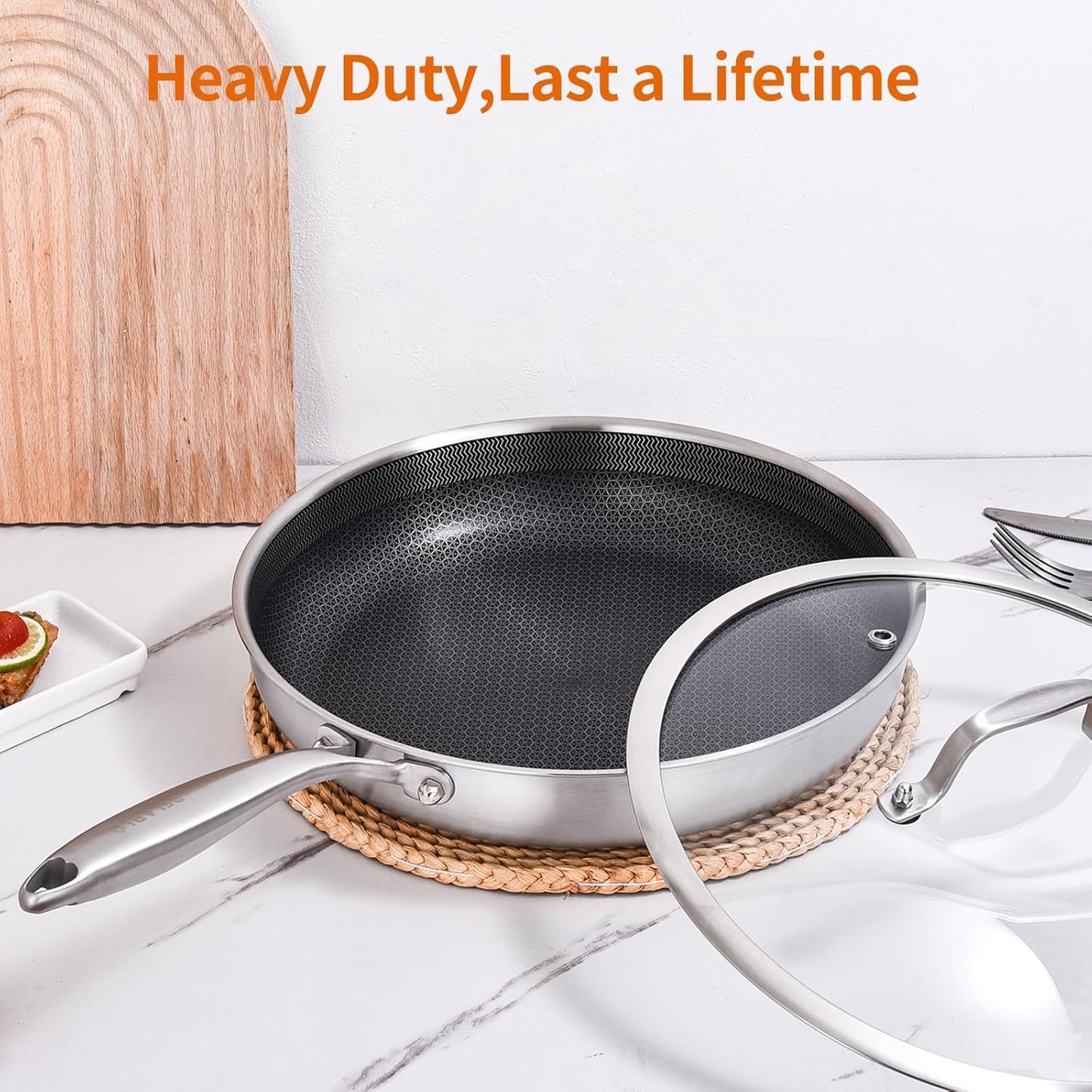 DELARLO Tri-Ply Stainless Steel 8" 10" Frying Pan Set With Lid Nonstick Large skillet, Oven safe induction Chef's Pan,Pots and Pans Set Suitable for All Stove Efficent Fast Even Heating