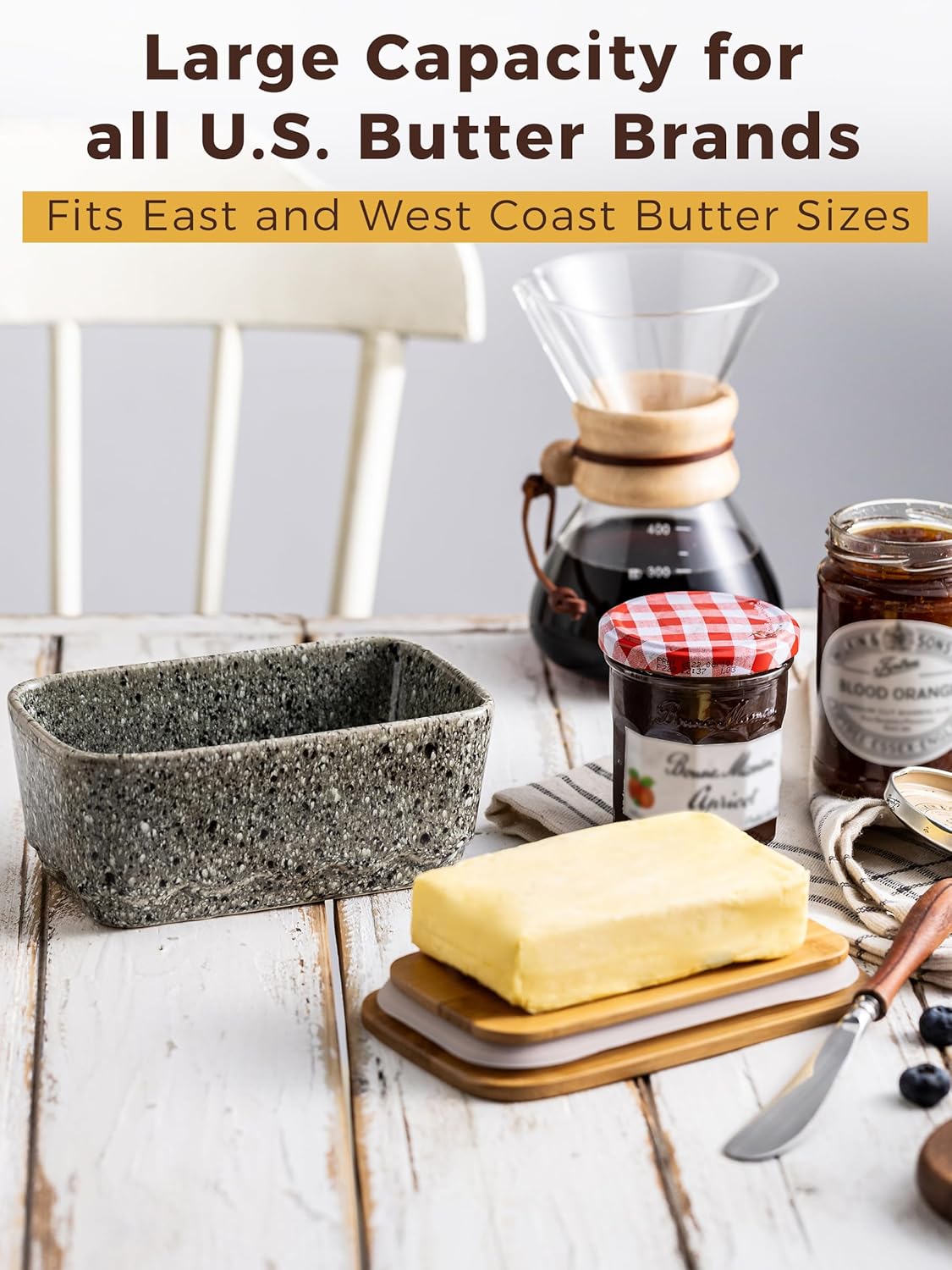 Ceramic Butter Dish with Lid, Covered Butter Dish for Countertop and Refrigerator, Large Butter Keeper Holder with Airtight Seal, HoneyBee Kitchen Decor, Gray