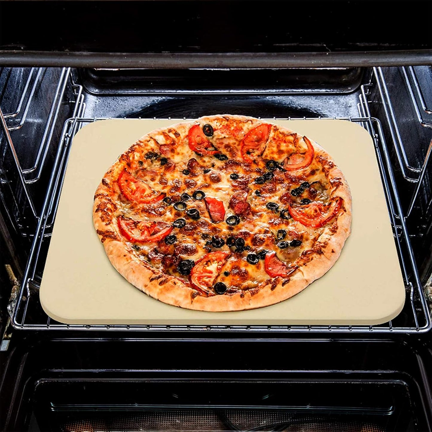 Pizza Grilling Tool Kit - Including 15 x 12 inch Pizza Stone with Metal Handle Rack, Rocker Pizza Cutter Blade with Wooden Safer Grip & Protective Cover – Premium Pizza Oven Grill Accessories