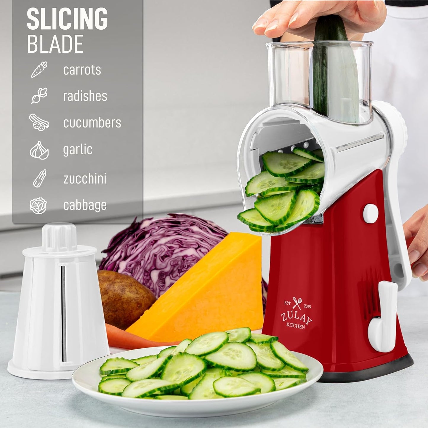 Zulay Kitchen Rotary Cheese Grater 5 Blade Cheese Shredder - Manual Hand Crank Cheese Grater With Reinforced Suction & 5 Interchangeable Drums - Easy to Use, Vegetable Chopper Round Mandoline Slicer