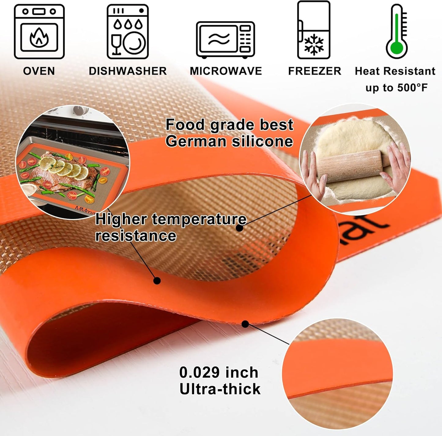 Silicone Baking Mats - Best German Silicone - Non Slip Silicone Baking Sheet, Non Stick Reusable Silicone Mats for Baking, Oven Liner, Counter Mat - 3/4 Sheet Baking Mat for Oven