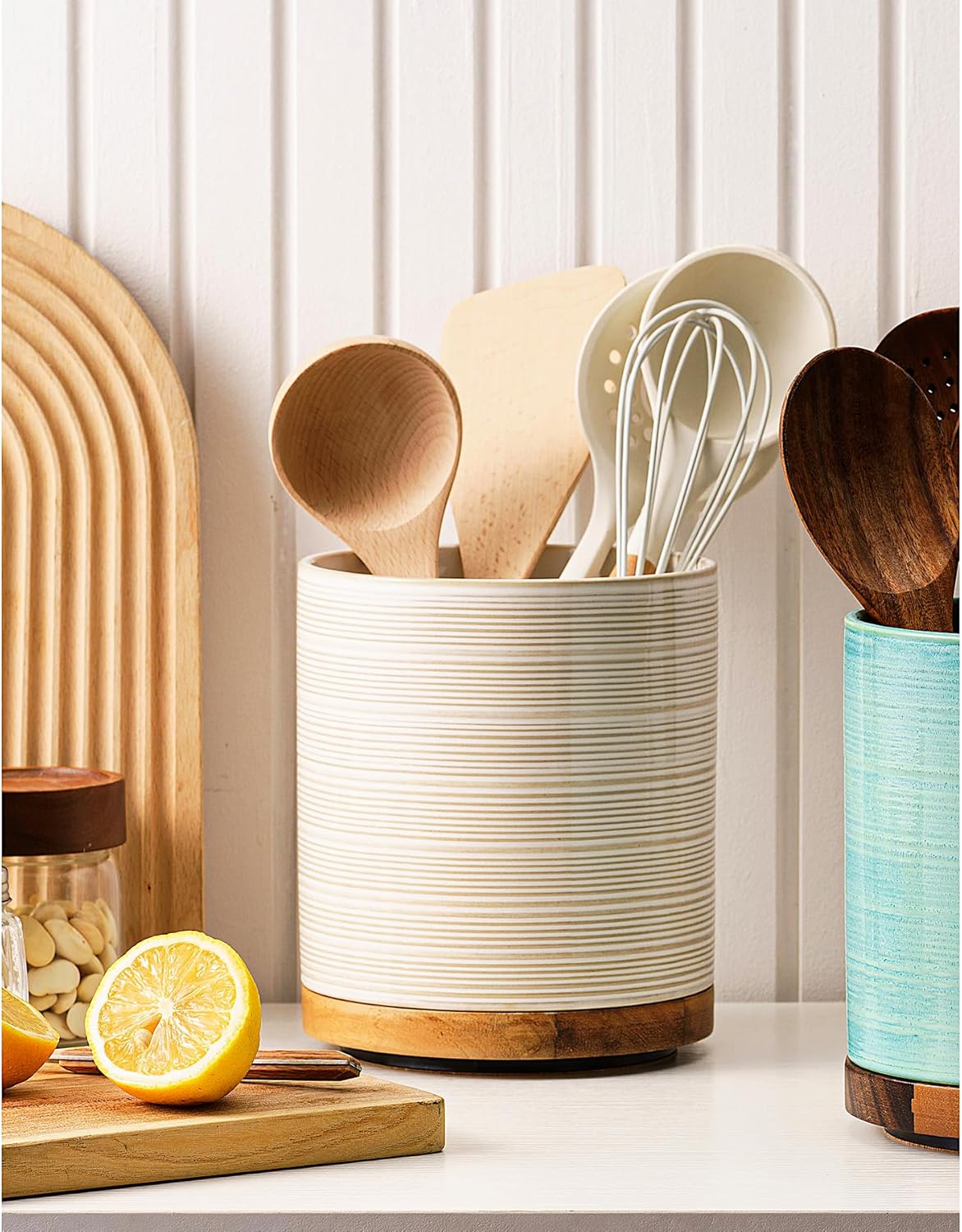 Utensil Holder, 360° Rotating Extra Large Ceramic Kitchen Utensil Holder for Countertop, 7.3“ Cooking Utensil Crocks for Kitchen Counter with Rotatable Wooden Base, Farmhouse Decor, Arctic White