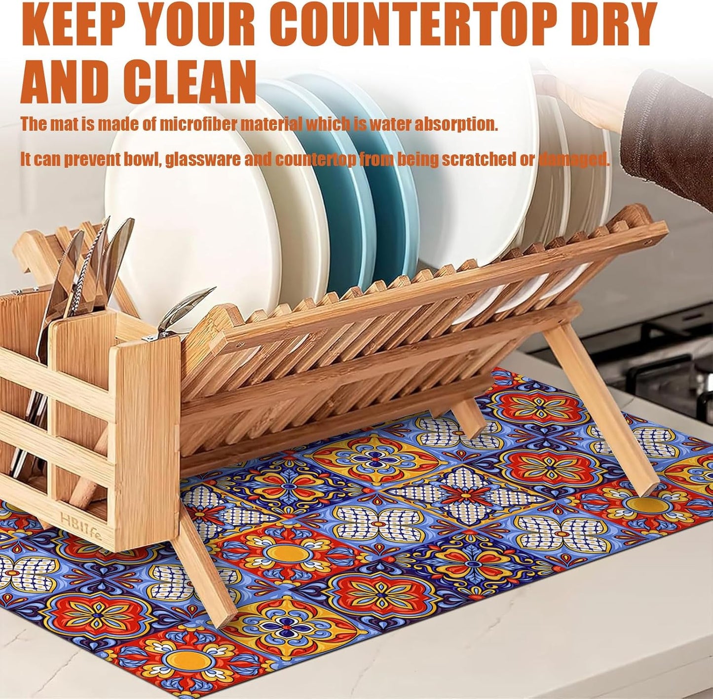 Talavera Mexican Tiles Dish Drying Mat for Kitchen Counter Microfiber Absorbent Dish Kitchen Drying Mat Draining Reusable Washable for Dishes/Utensils/Counterto