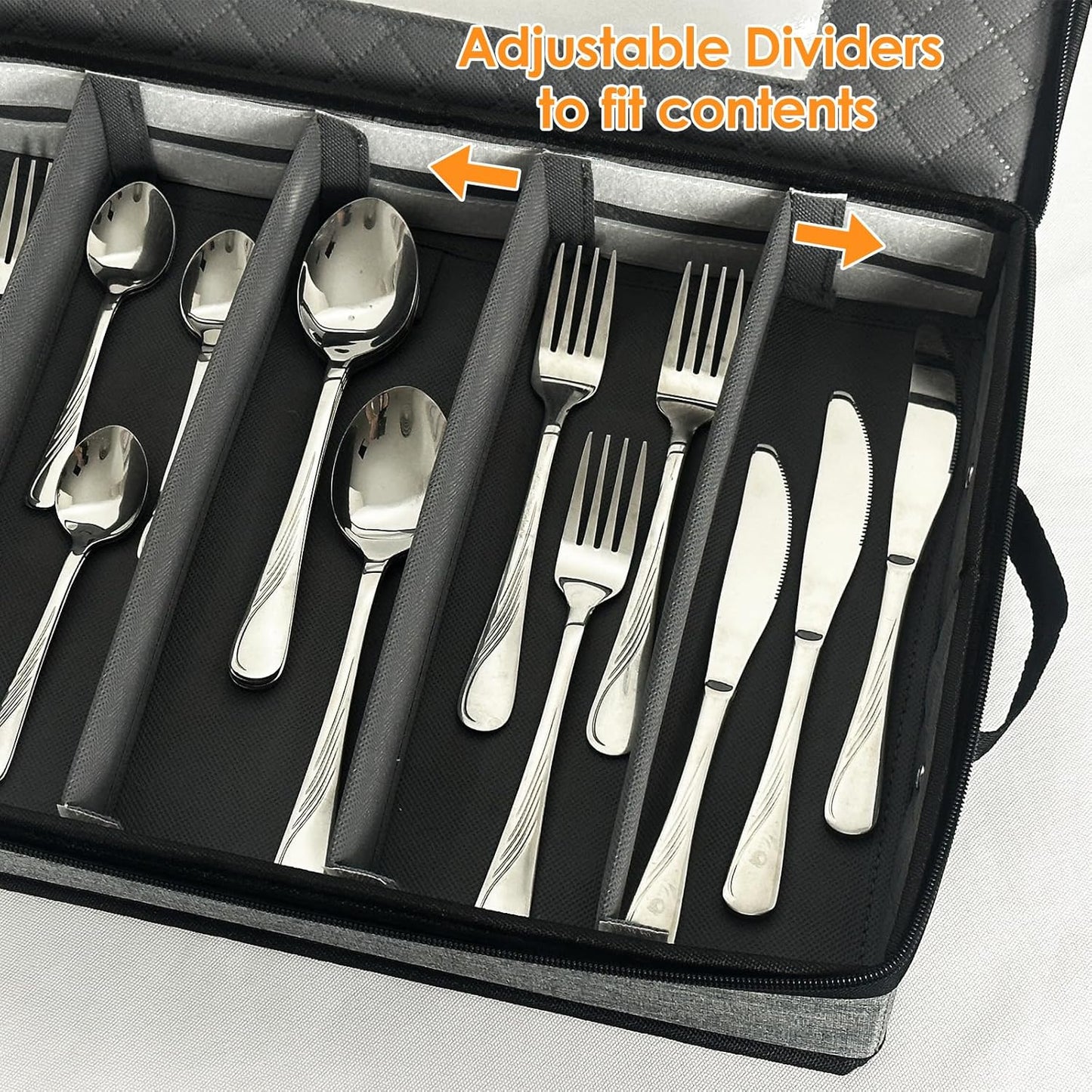 VERONLY 2 Pack Flatware Utensil Storage - Sturdy Silverware Storage Box with Dividers, 5 Compartment Flatware Storage Case with Handles and Removable Lid for Moving&Protected(Dark Gray)