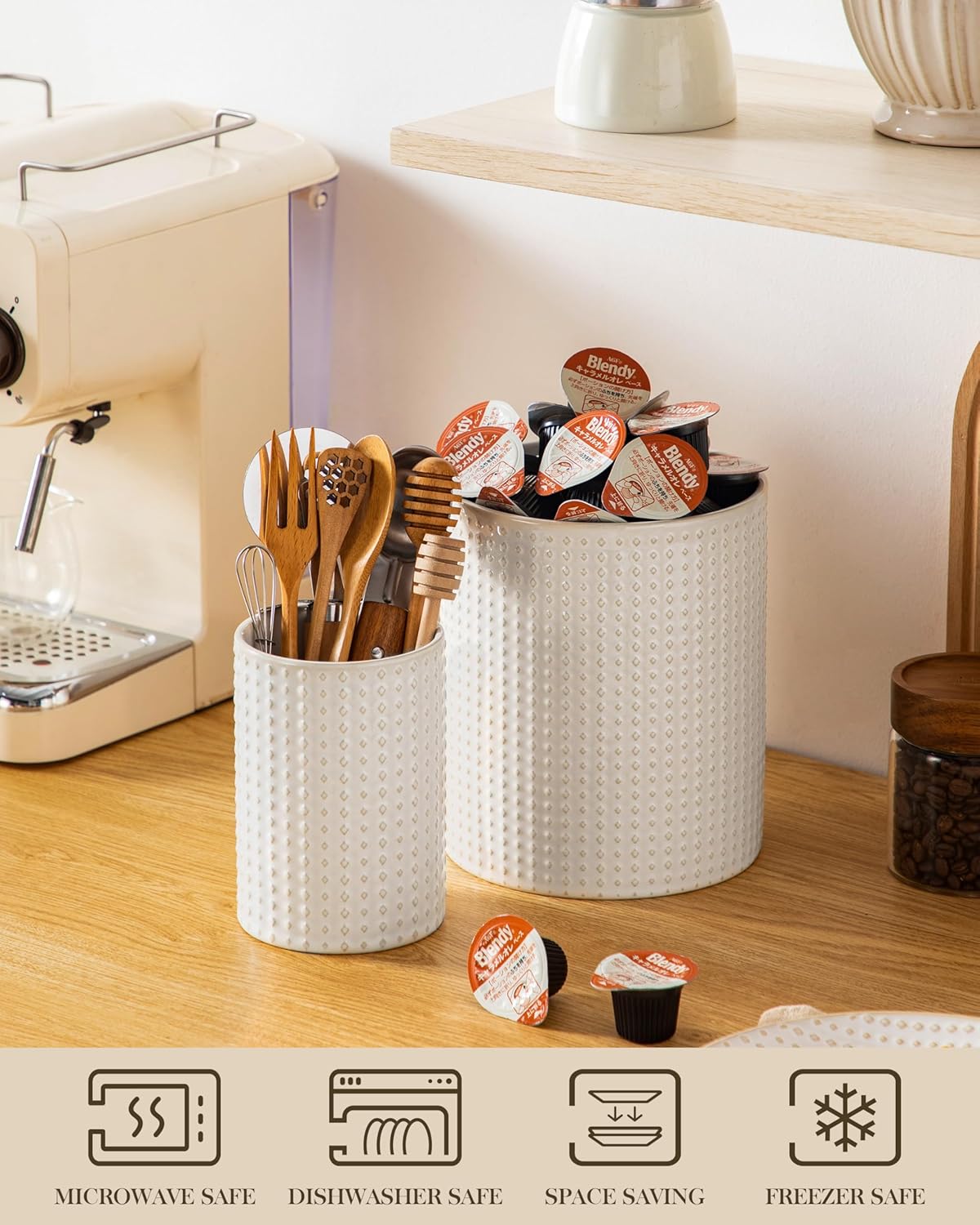 MALACASA LYDIA Ceramic Utensil Holders, 7.3"+5.5" Kitchen Utensil Crock Set for Countertop, Large & Small Utensil Organizers for Cooking Tools, Rhombus Pattern