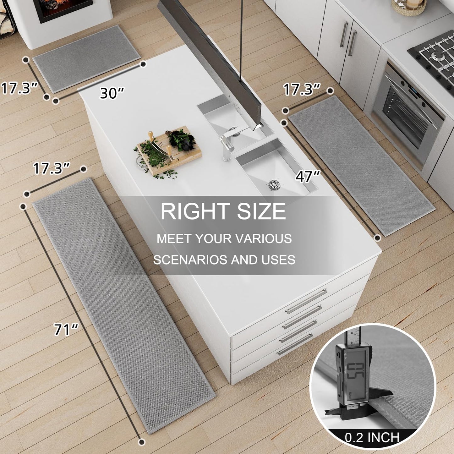 Kitchen Mat Set of 2 PCS, Cushioned Non Slip Rugs for Kitchen Floor, Absorbent Runner Comfort Standing Mats Washable for Kitchen, Office, Home (Grey, 17.3"x47"+17.3"x30")