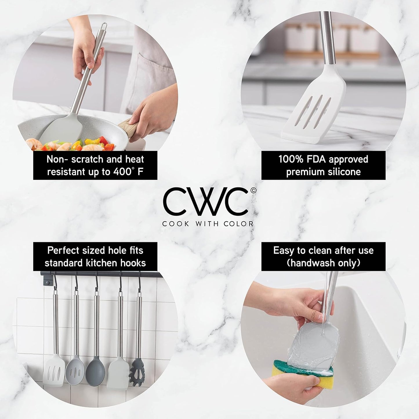 COOK WITH COLOR Silicone Cooking Utensils, Kitchen Utensil Set, Easy to Clean Silicone Kitchen Utensils, Cooking Utensils for Nonstick Cookware, Kitchen Gadgets Set, 5 Pieces, Grey Ombre