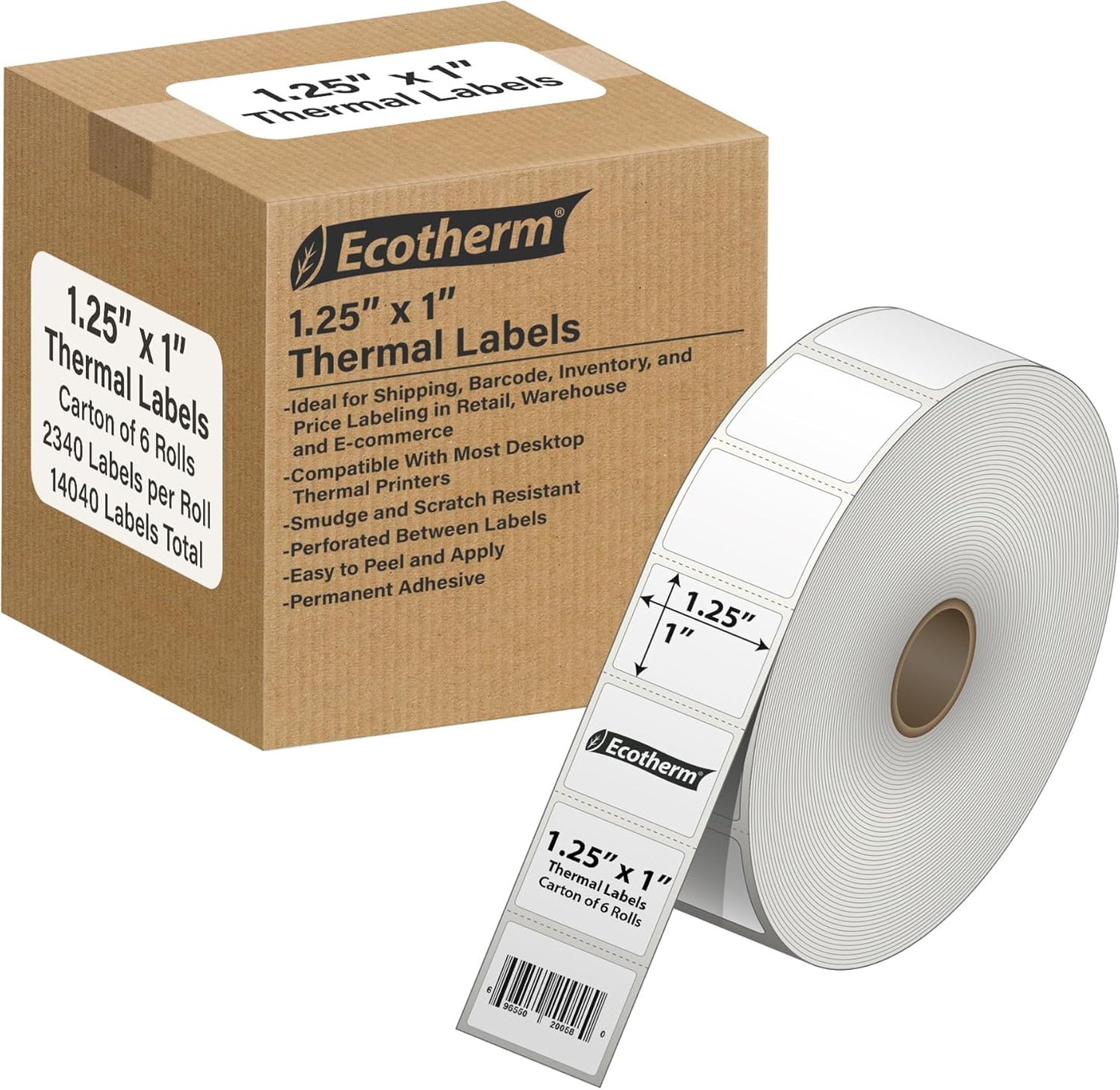 1.25" x 1" Thermal Labels | 6 Rolls | 14040 Labels | fits Zebra, Godex, Arkscan, iDPRT, Offnova Thermal Label Printers and More | Blank White Adhesive Stickers by Ecotherm