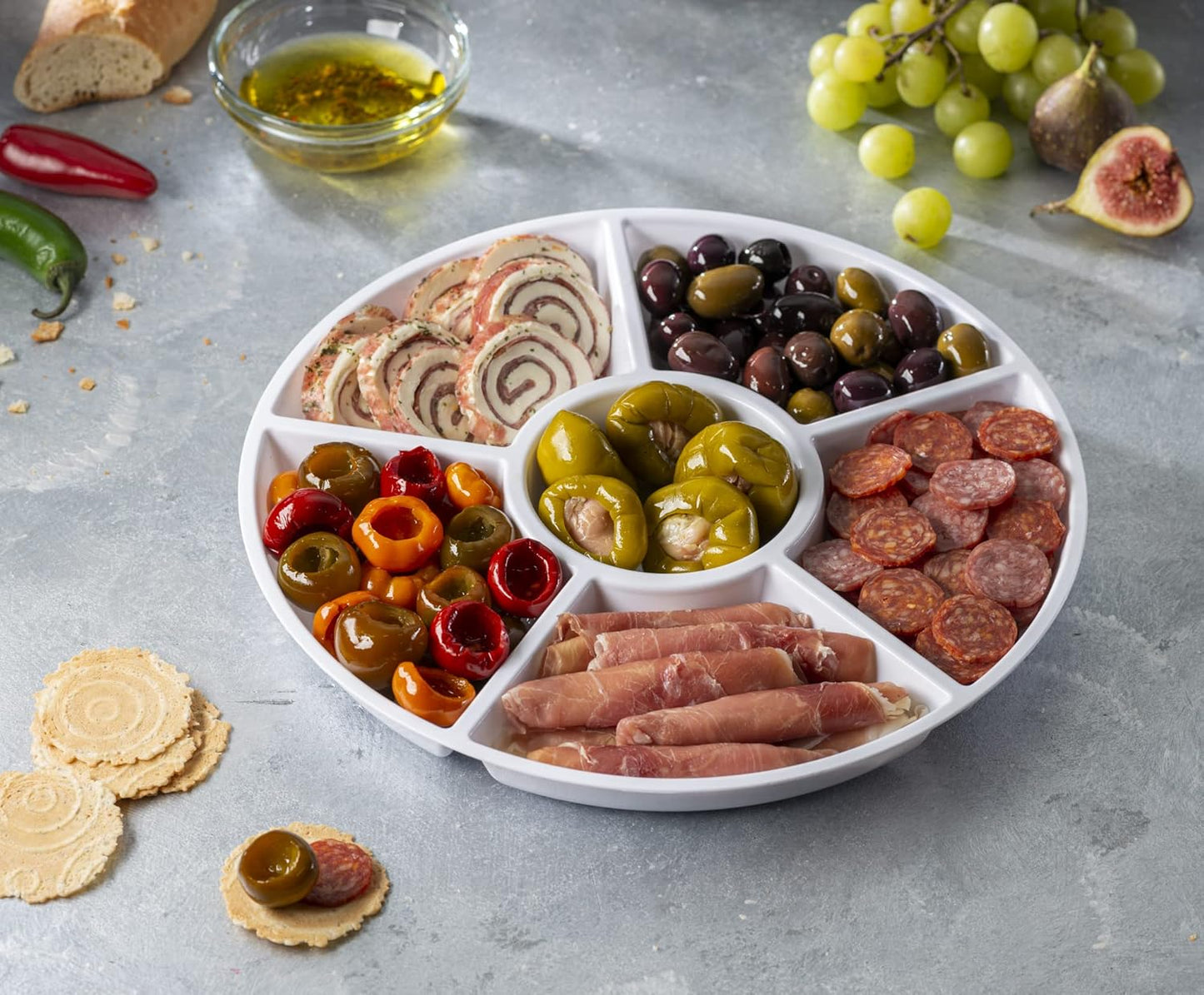 Plasticpro 6 Sectional Round Plastic Serving Tray/Platter (4, White)