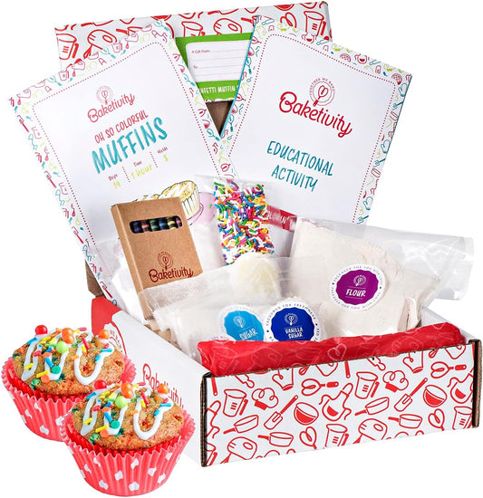 Baketivity Kids Baking DIY Activity Kit - Bake Delicious Confetti Muffins with Pre-Measured Ingredients – Best Gift Idea for Boys and Girls Ages 6-12