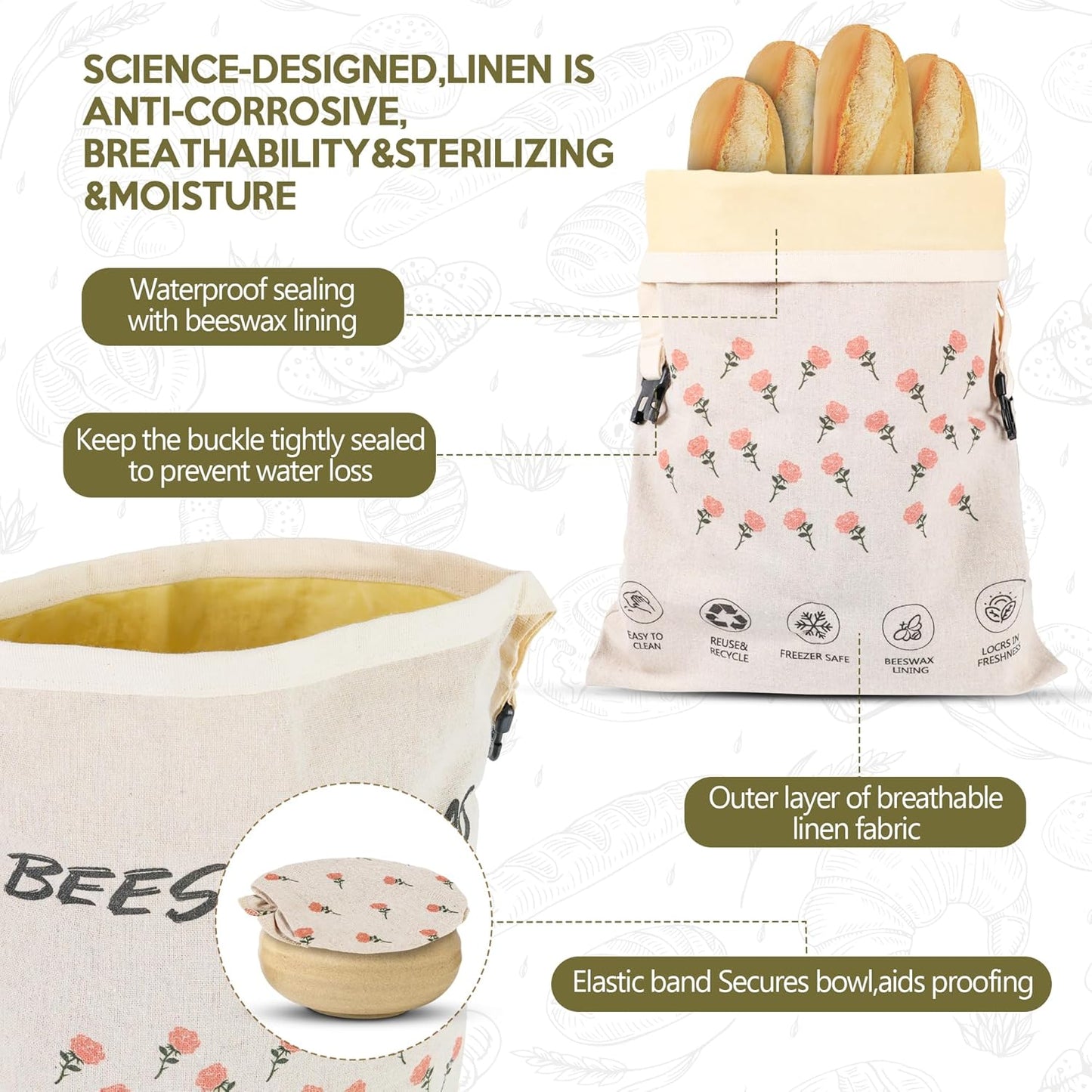 3-Pack Reusable Beeswax Bread Bags for Homemade Bread Sourdough, 2 Natural Beeswax 100% Linen Moisture-proof Lined Storage Bags with Buckle& 1 Bowl Covers –Easy to Clean,Safe,Keeps Bakes Fresh Longer
