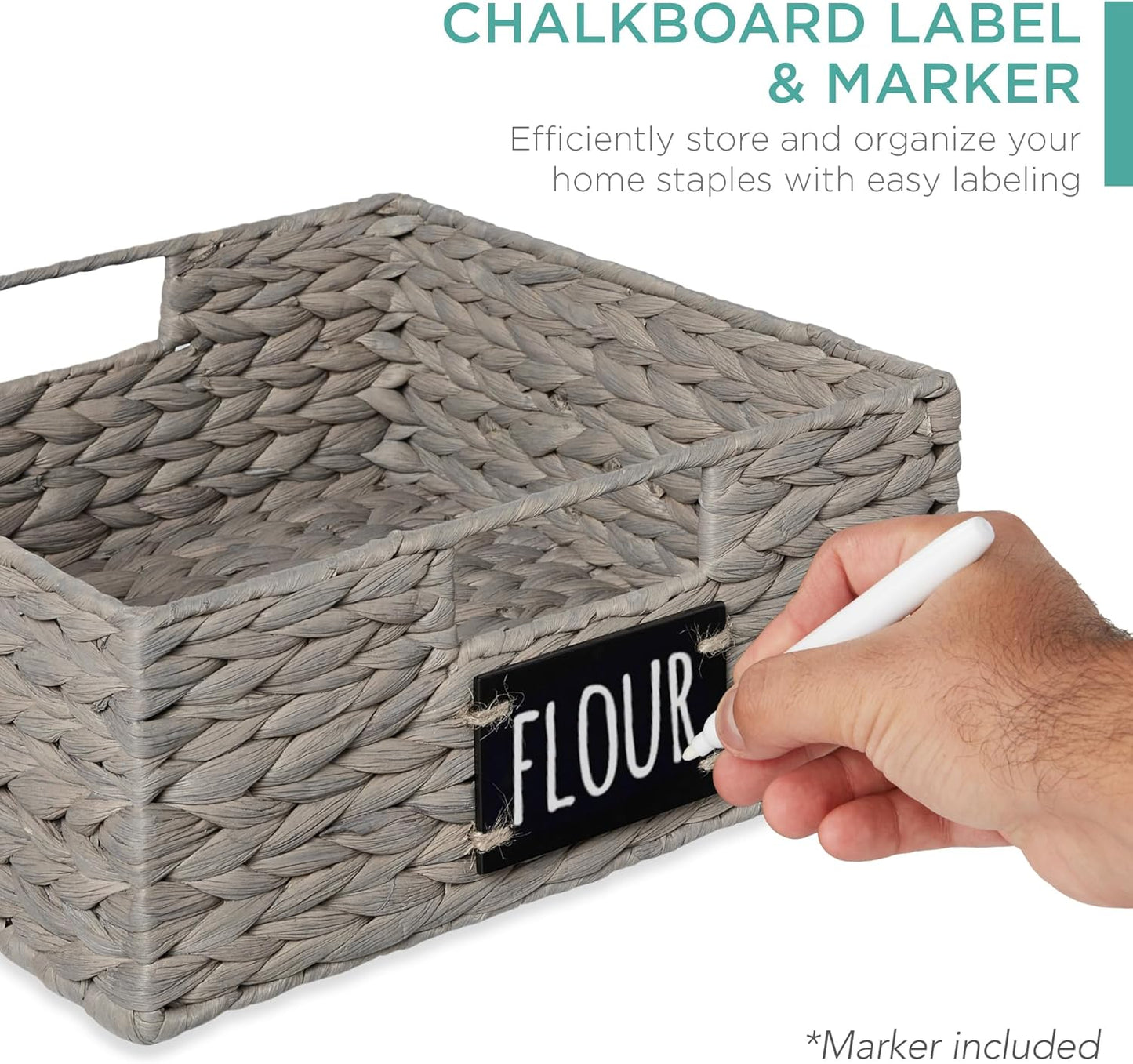 Best Choice Products Set of 4 13x12in Water Hyacinth Pantry Baskets, Woven Organizers w/Chalkboard Label, Chalk Marker - Gray