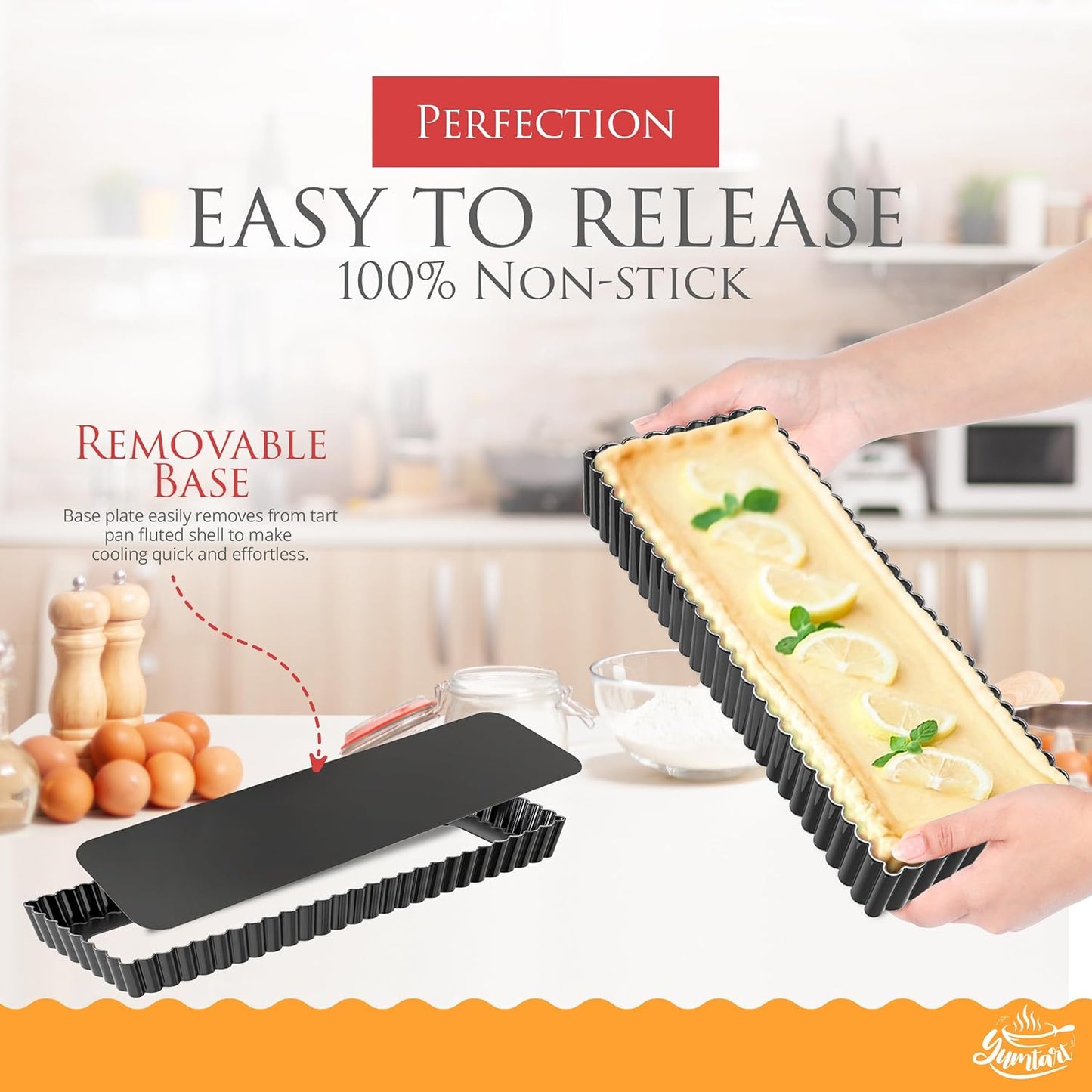 14 Inch Rectangular Tart Pan with Removable Bottom - Non-Stick, Deep Fluted for Tarts, Quiches, and Pies