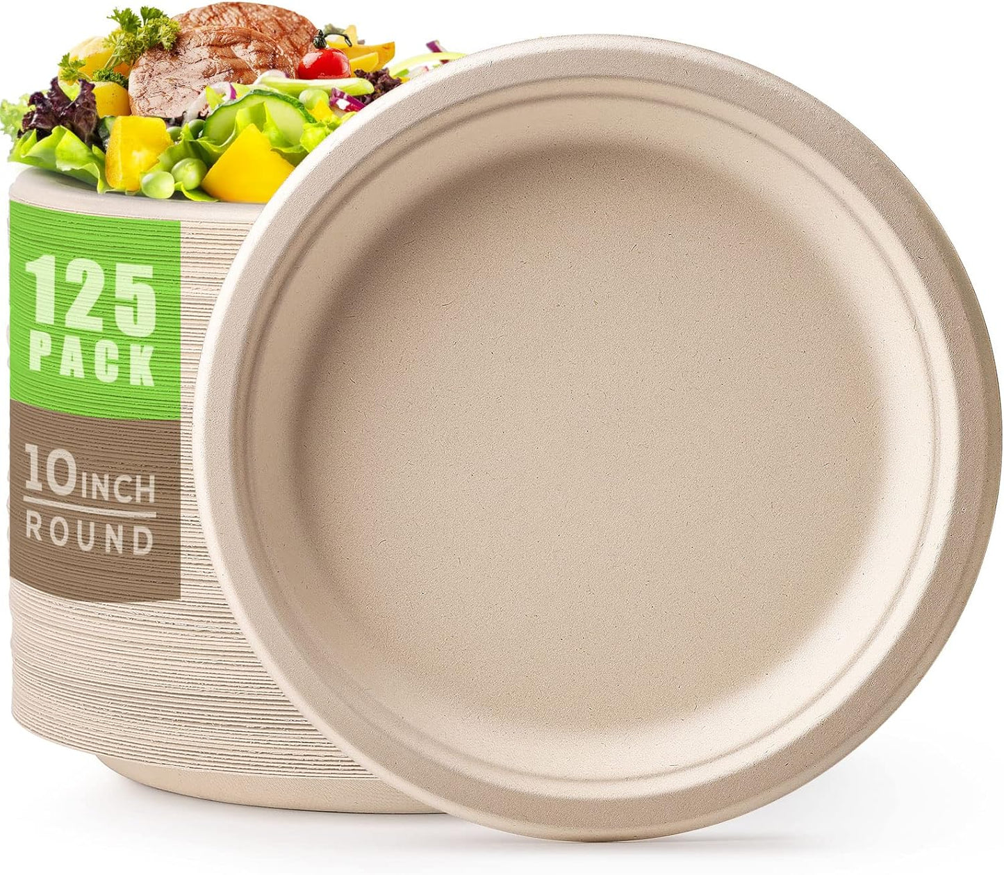 Gezond 100% Compostable Paper Plates 10 Inch 125 Pack Bulk Disposable Heavy-duty Plates Natural Biodegradable Sugarcane Bagasse Plate for Party Picnic