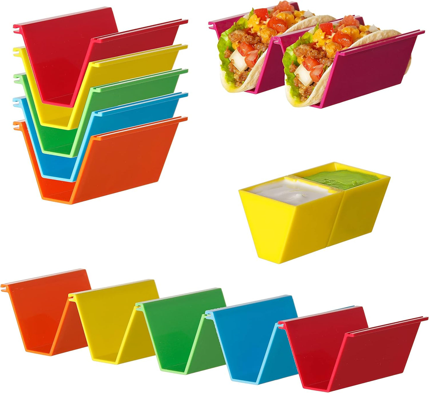Colorful Taco Holder Stands - Set of 12 with 2 Condiment Dishes,Taco Tray Plates for Taco Bar Gifts & Accessories,Large Plastic Stackble&Convenient Taco Shell Rack,BPA-Free, Dishwasher&Microwave Safe