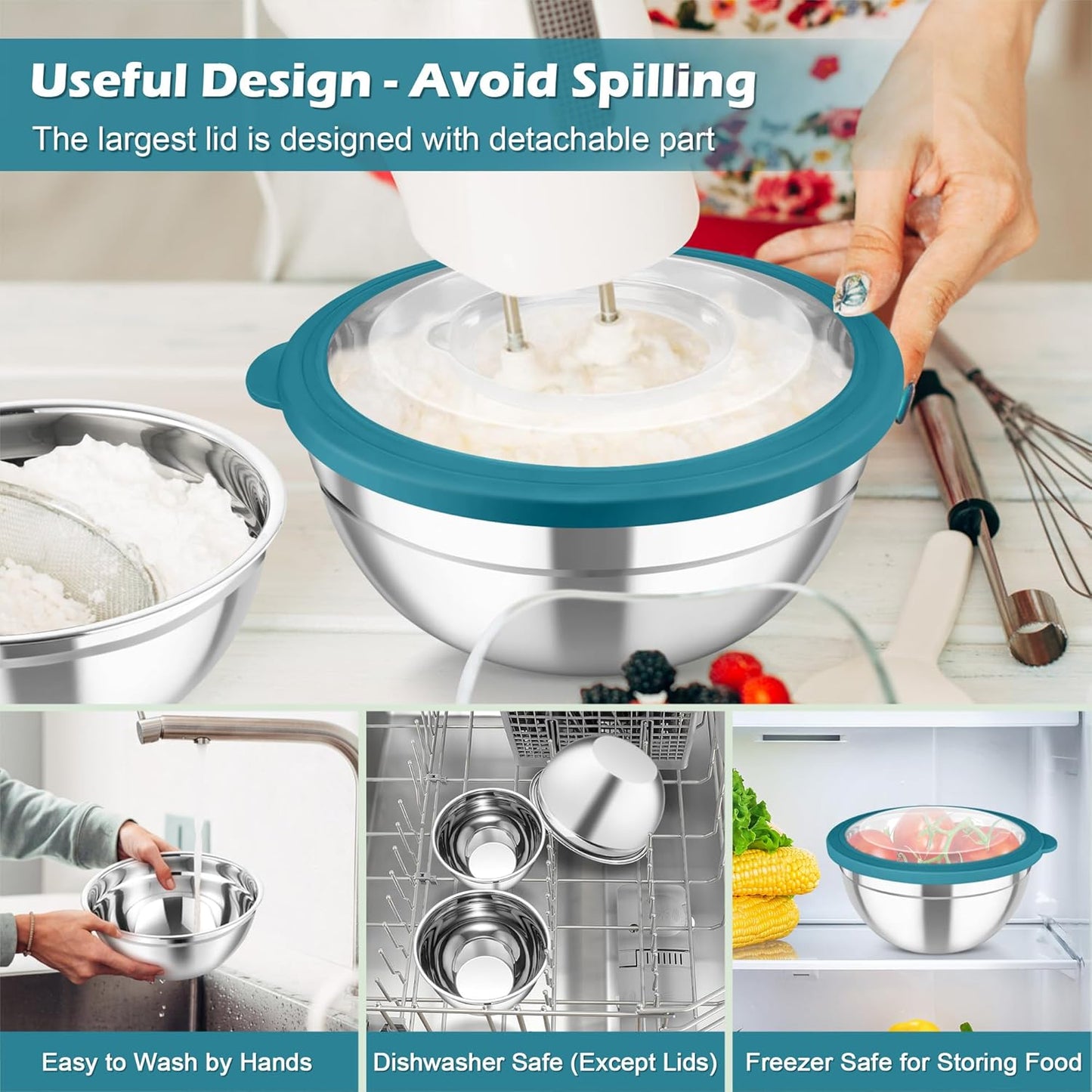 TeamFar Mixing Bowls, 3PCS Stainless Steel Serving Salad Bowls with Lids & 3 Graters, For Kitchen Mixing/Baking/Storing/Prepping, Visible & Airtight, Easy Clean - 4.5/3 / 1.5 QT, Dark Blue