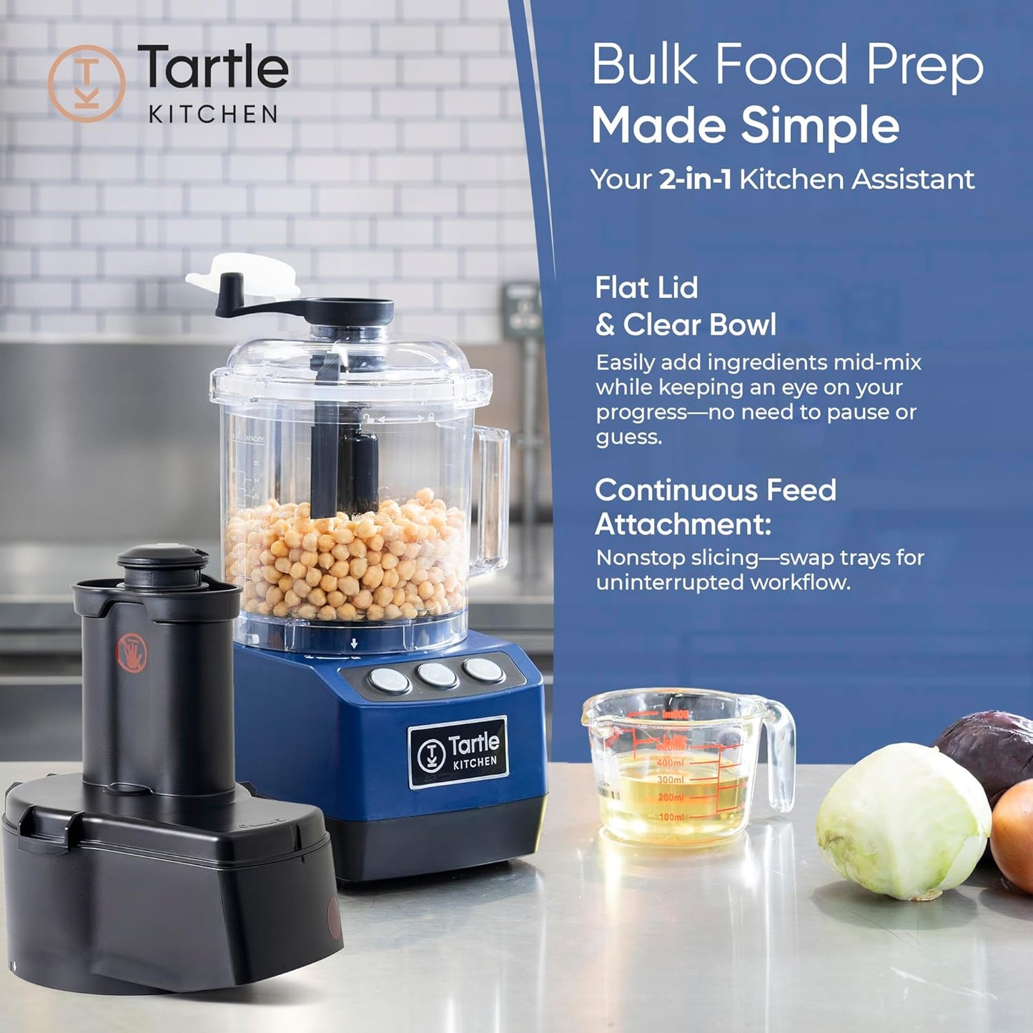 TK Tartle Commercial Food Processor - Heavy-Duty 600W Electric Chopper, Slicer & Shredder w/Flat lid, Continuous Feed, 3L Mixer Bowl & Stainless Steel Blades