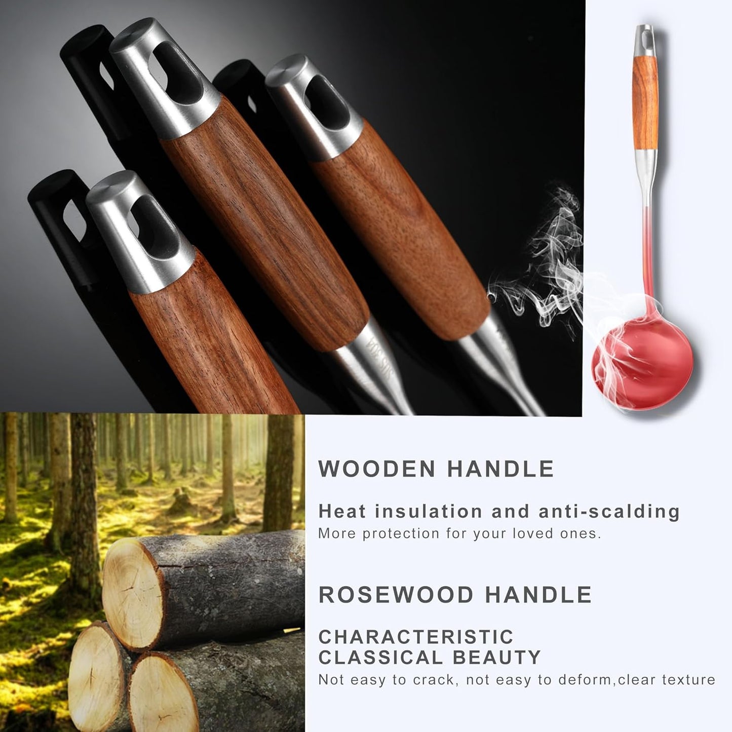 18/10 Stainless Steel Kitchen Utensils Set with Wooden Handle, 6 PCS Professional Cooking Utensils Set 15”, Wok Spatula, Ladle, Skimmer, Slotted Spatula Turner, Spaghetti Spoon, Large Spoon