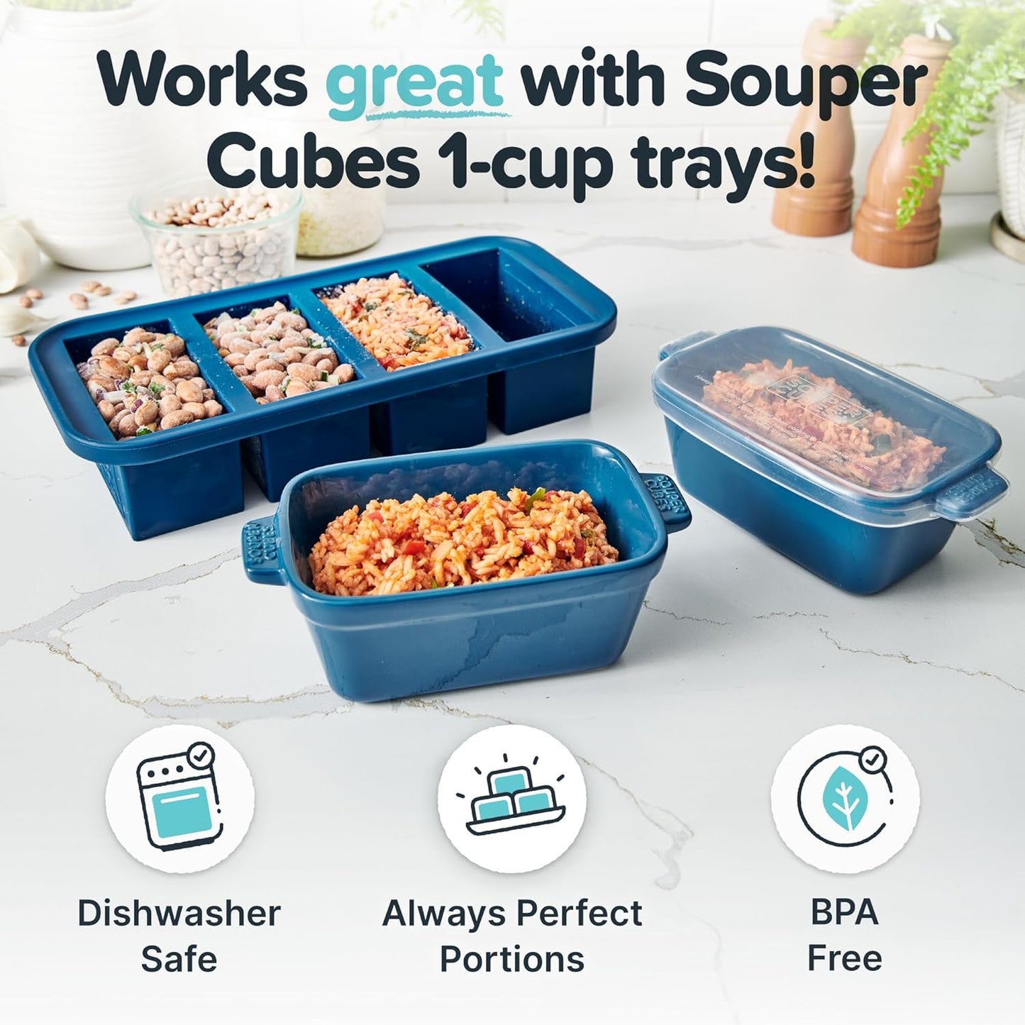 Souper Cubes Stoneware - Small Ceramic 5" x 3" Baking Dish with Silicone Covers, Small Baking Dishes for Oven Perfect for Reheating Single Serve Portions, Set of 4 - Blueberry