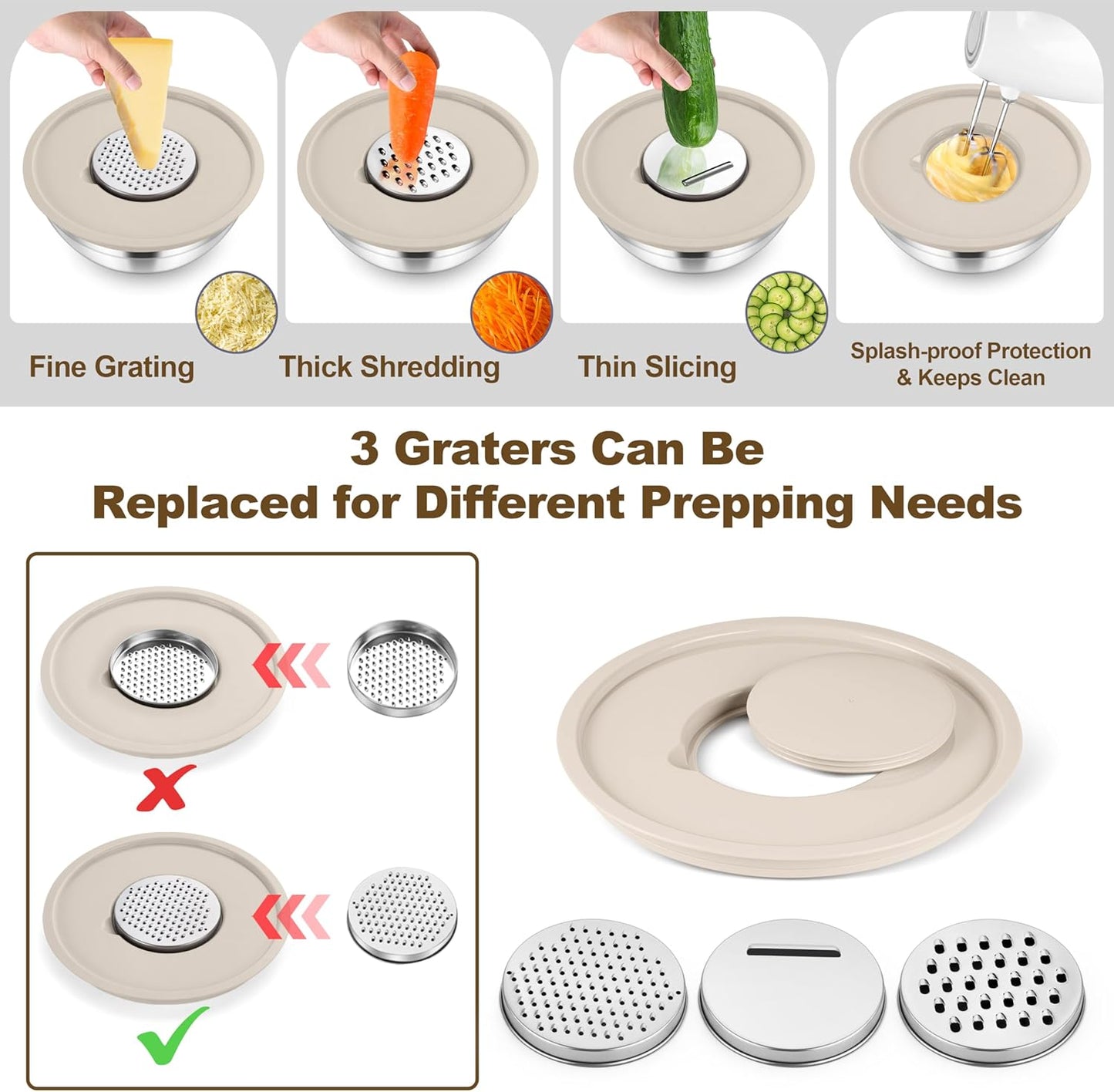 TeamFar Mixing Bowls, Stainless Steel Nesting Salad Bowl with Lids & 3 Graters, For Kitchen Cooking Serving Prepping, Airtight & Non-Slip, Size 4.6/3.5/2/1.5/1/0.7 QT, Set of 5 & Khaki