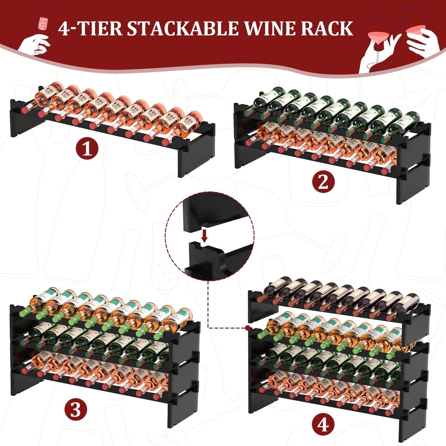 Domax Wine Rack Freestanding Floor - 36 Bottle Wooden Stackable Wine Storage Holder for Cabinet, Bar, Pantry and Cellar 33.5 inch Wide(Black)