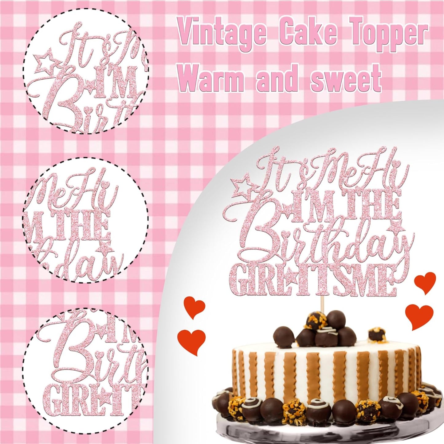 1 PCS It's Me Hi I'm the Birthday Girl It's Me Cake Topper Glitter Funny Girls Birthday Cake Pick for Hot Pop Music Singer Birthday Party Cake Decorations Supplies Light Pink