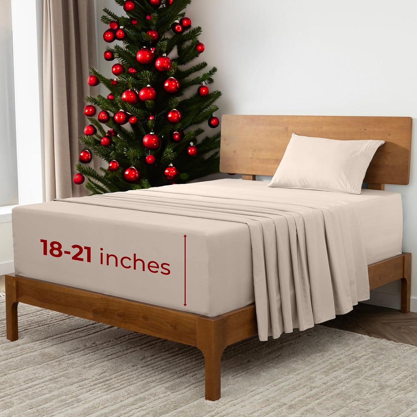 Mellanni Extra Deep Twin Sheets - 3 PC Iconic Collection Bedding - Hotel Luxury, Ultra Soft, Cooling Bed Sheets - Wrinkle, Fade, Stain Resistant (Twin, Beige)