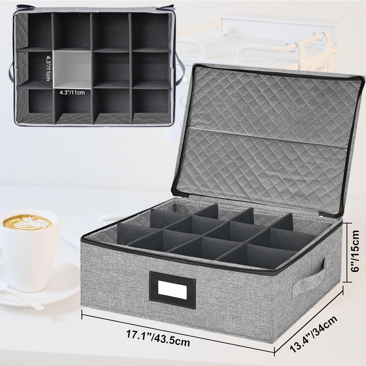 Coffee Mug Storage Box with Dividers, China Storage Containers Hard Shell ,Glassware Storage Containers with Zipper Lid and Handles, Stackable for 12 Mugs, Tea Cups, Moving & Packing (Light Grey)