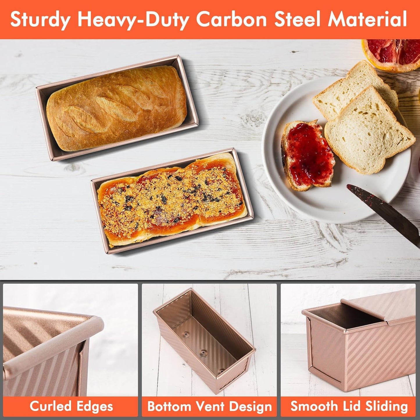 Beasea Pullman Loaf Pan With Lid, 2 Pack 0.5 lb Small Non-Stick Carbon Steel Mini Toast Box for Homemade Bread Oven Baking - Rose Gold